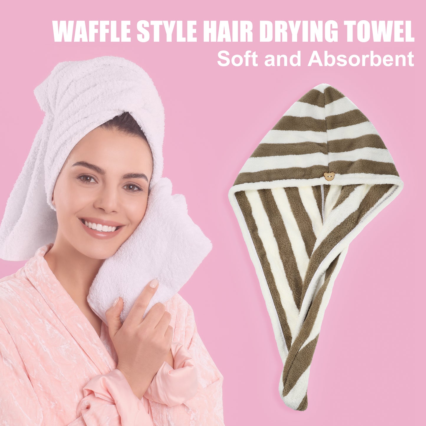3 Pcs Stripe Hair Drying Towel Lightweight Strong Absorbent Dry Cap Pink White Brown