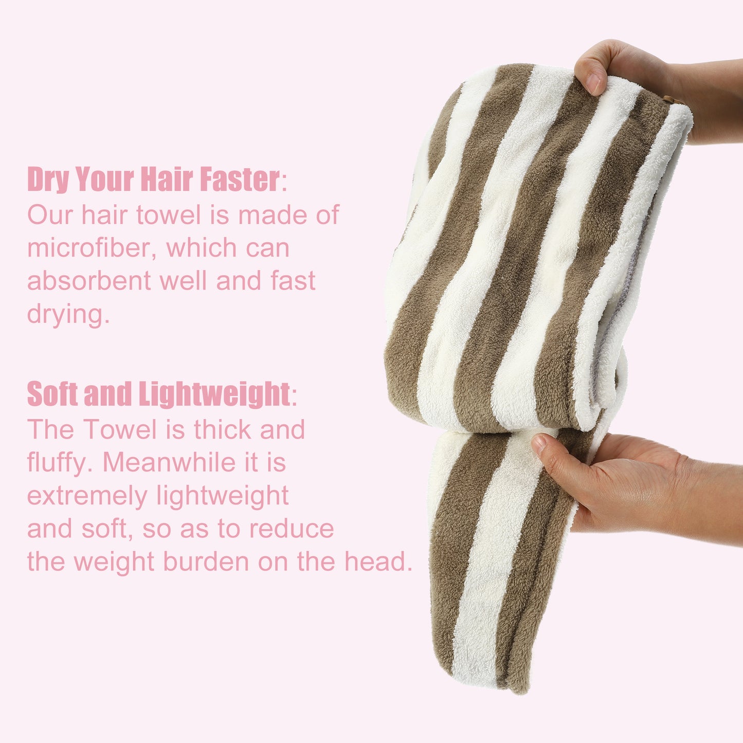 3 Pcs Stripe Hair Drying Towel Lightweight Strong Absorbent Dry Cap Pink White Brown