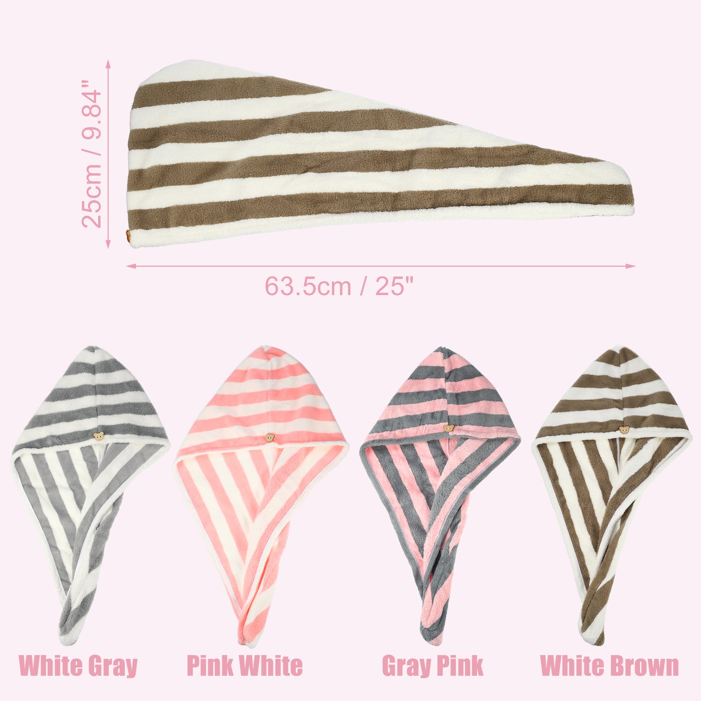 3 Pcs Stripe Hair Drying Towel Lightweight Strong Absorbent Dry Cap Pink White Brown