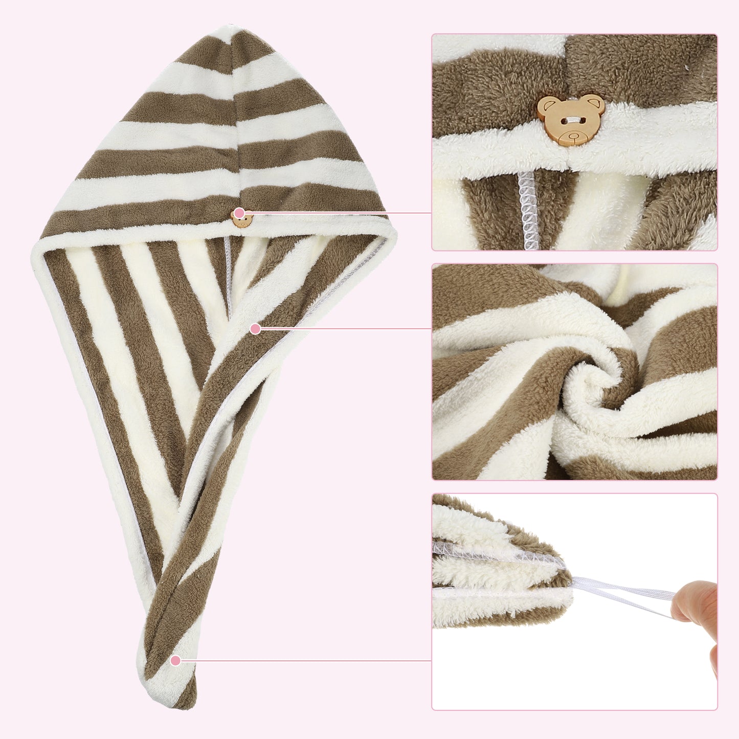 3 Pcs Stripe Hair Drying Towel Lightweight Strong Absorbent Dry Cap Pink White Brown