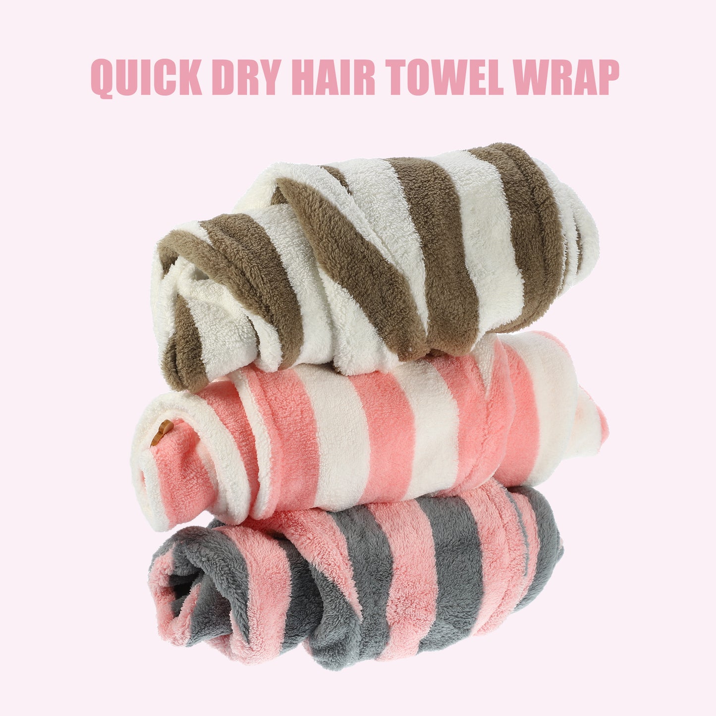 3 Pcs Stripe Hair Drying Towel Lightweight Strong Absorbent Dry Cap Pink White Brown