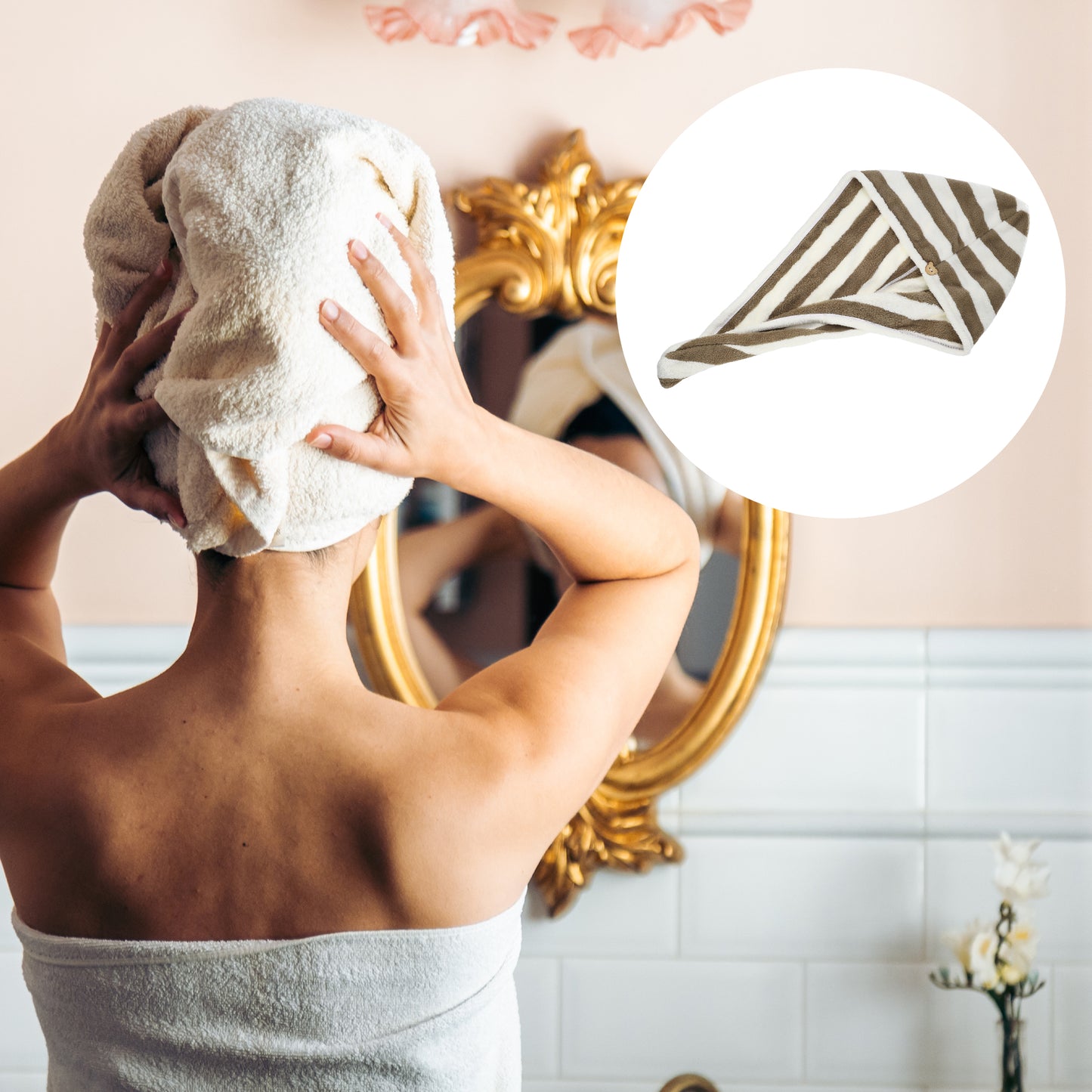 3 Pcs Stripe Hair Drying Towel Lightweight Strong Absorbent Dry Cap Pink White Brown