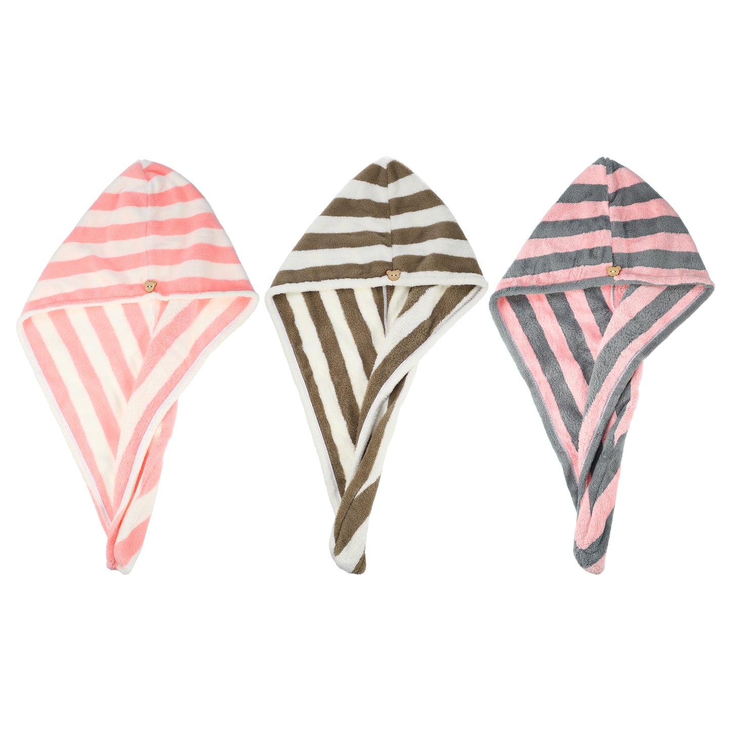 3 Pcs Stripe Hair Drying Towel Lightweight Strong Absorbent Dry Cap Pink White Brown