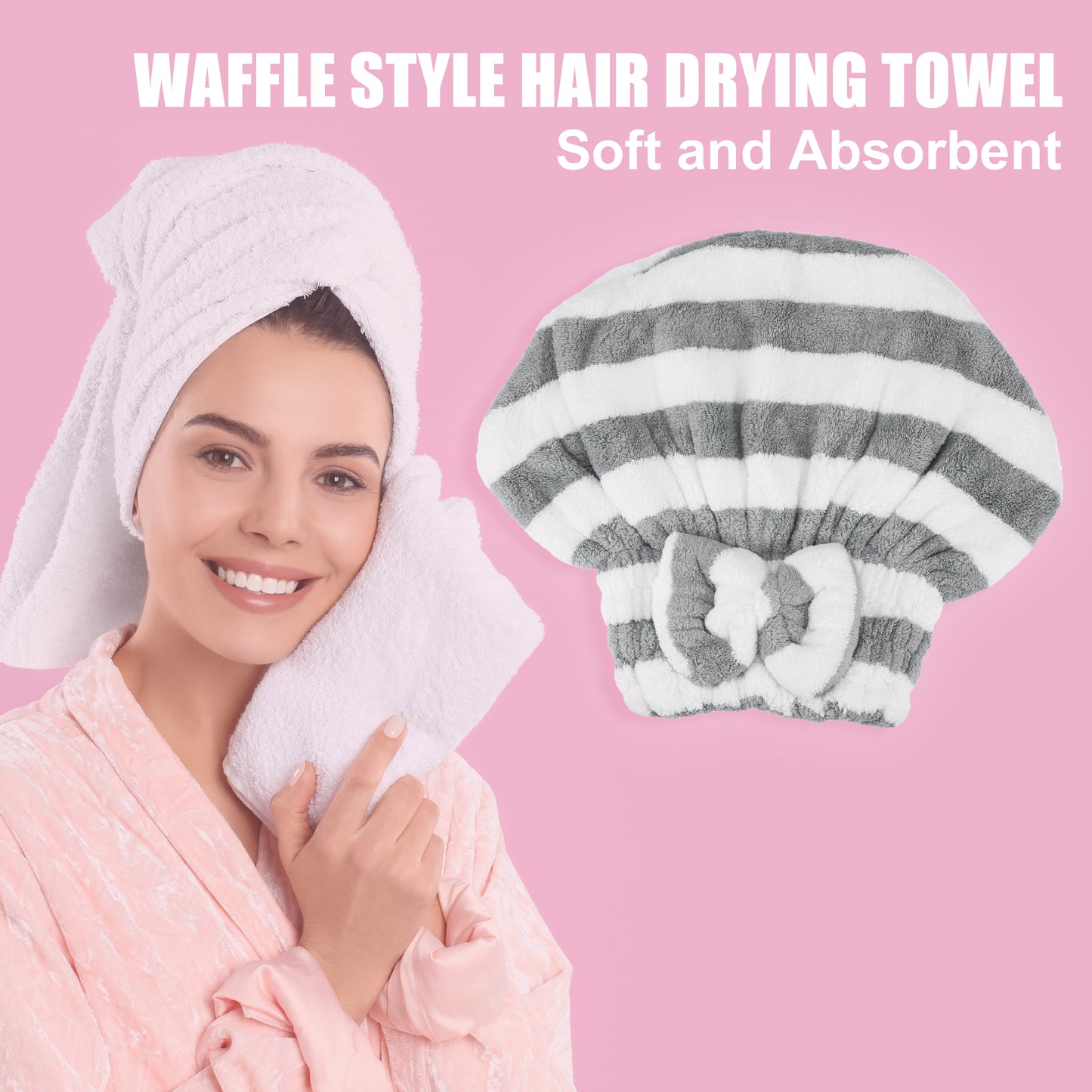 Coral Fleece Stripe Hair Drying Towel Dry Cap, Lightweight Strong Absorbent, Gray, White