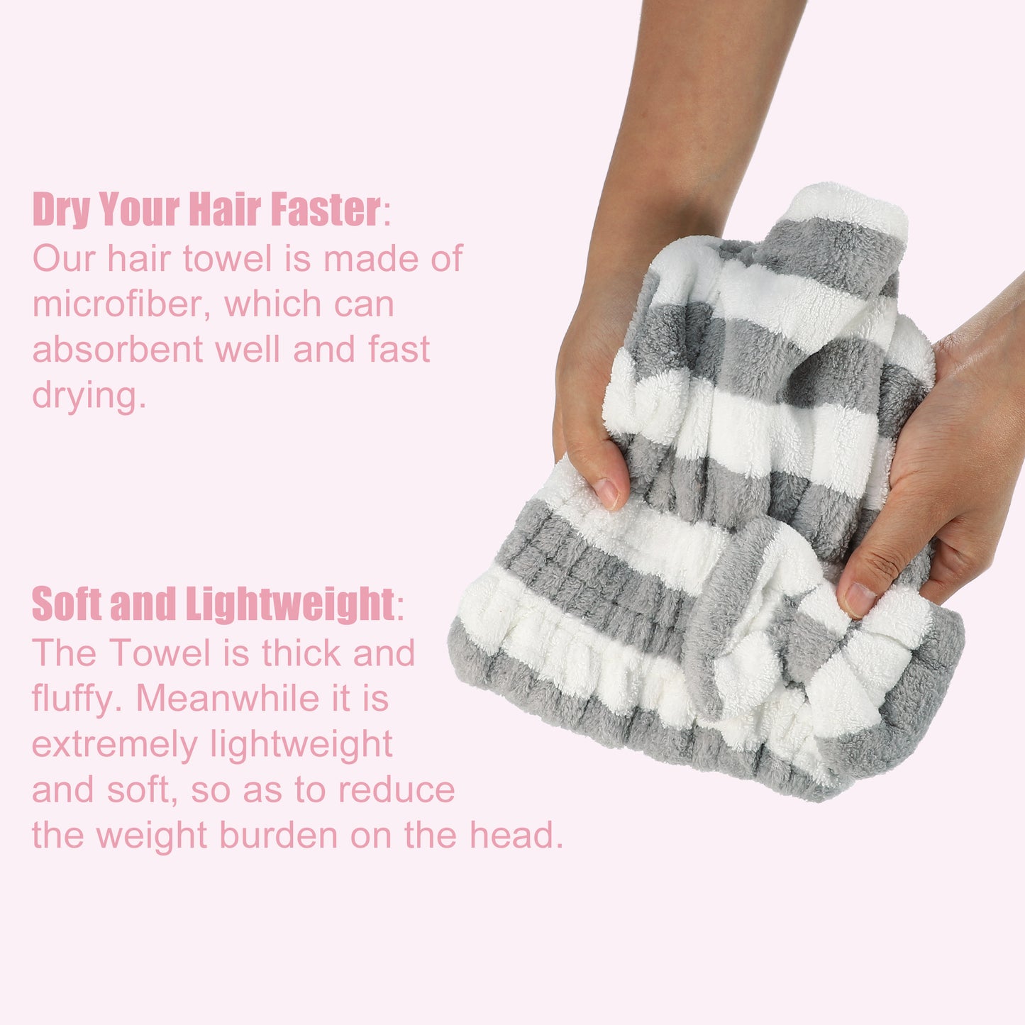 Coral Fleece Stripe Hair Drying Towel Dry Cap, Lightweight Strong Absorbent, Gray, White