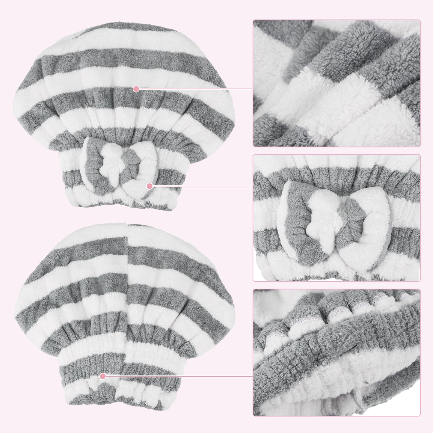 Coral Fleece Stripe Hair Drying Towel Dry Cap, Lightweight Strong Absorbent, Gray, White