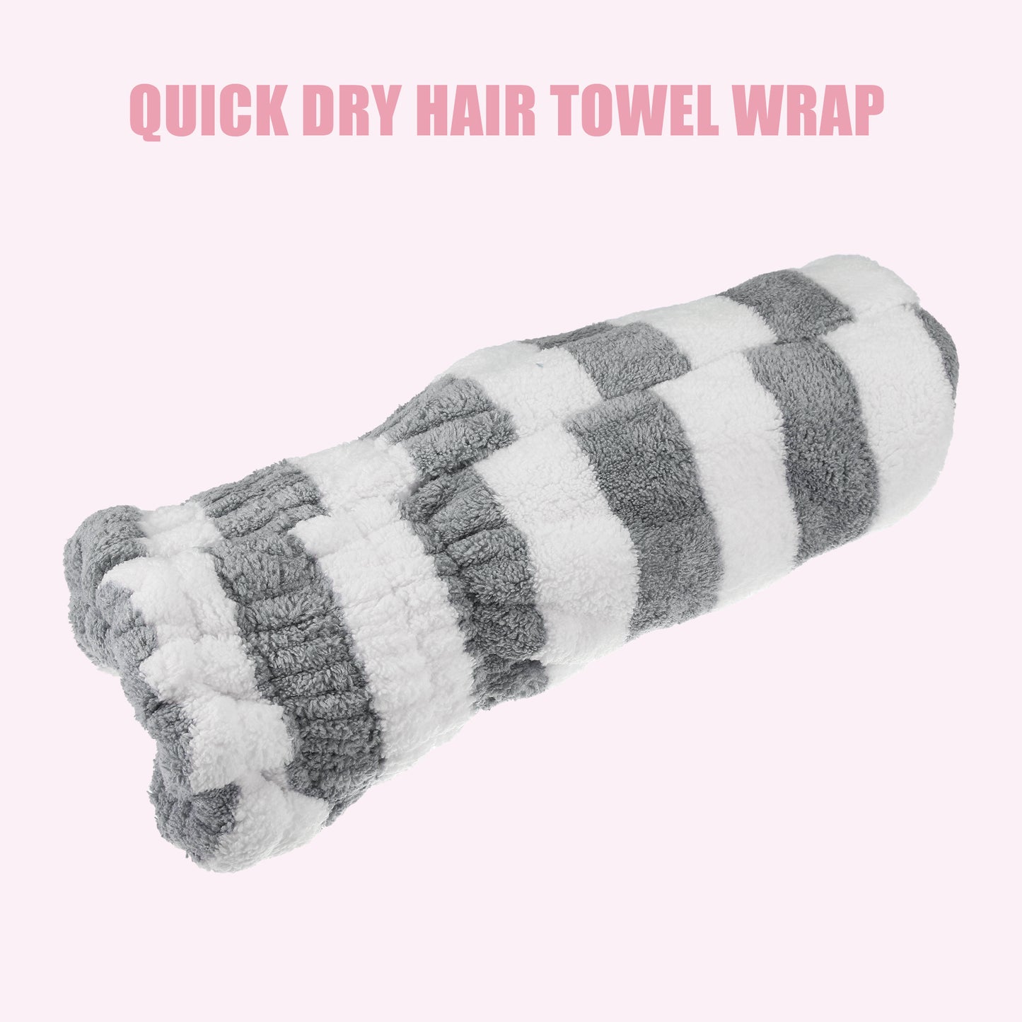 Coral Fleece Stripe Hair Drying Towel Dry Cap, Lightweight Strong Absorbent, Gray, White