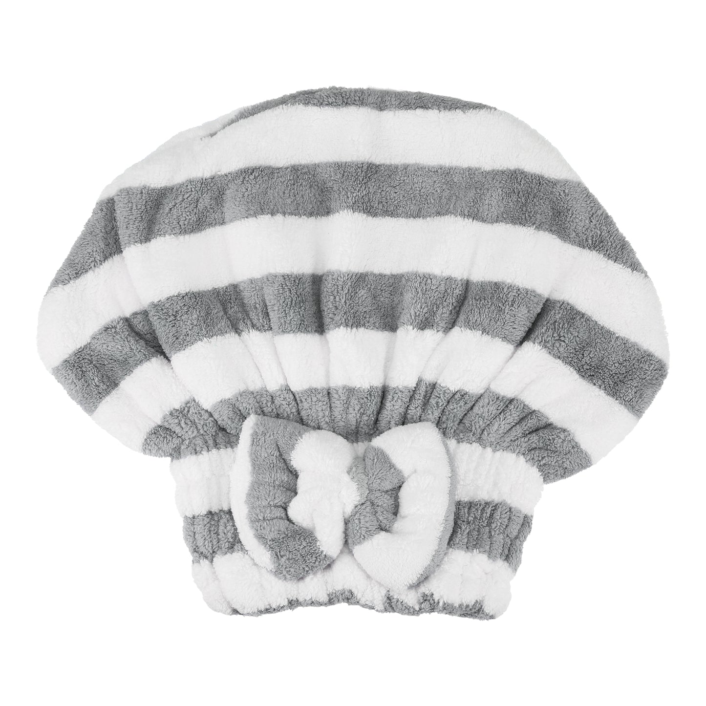 Coral Fleece Stripe Hair Drying Towel Dry Cap, Lightweight Strong Absorbent, Gray, White