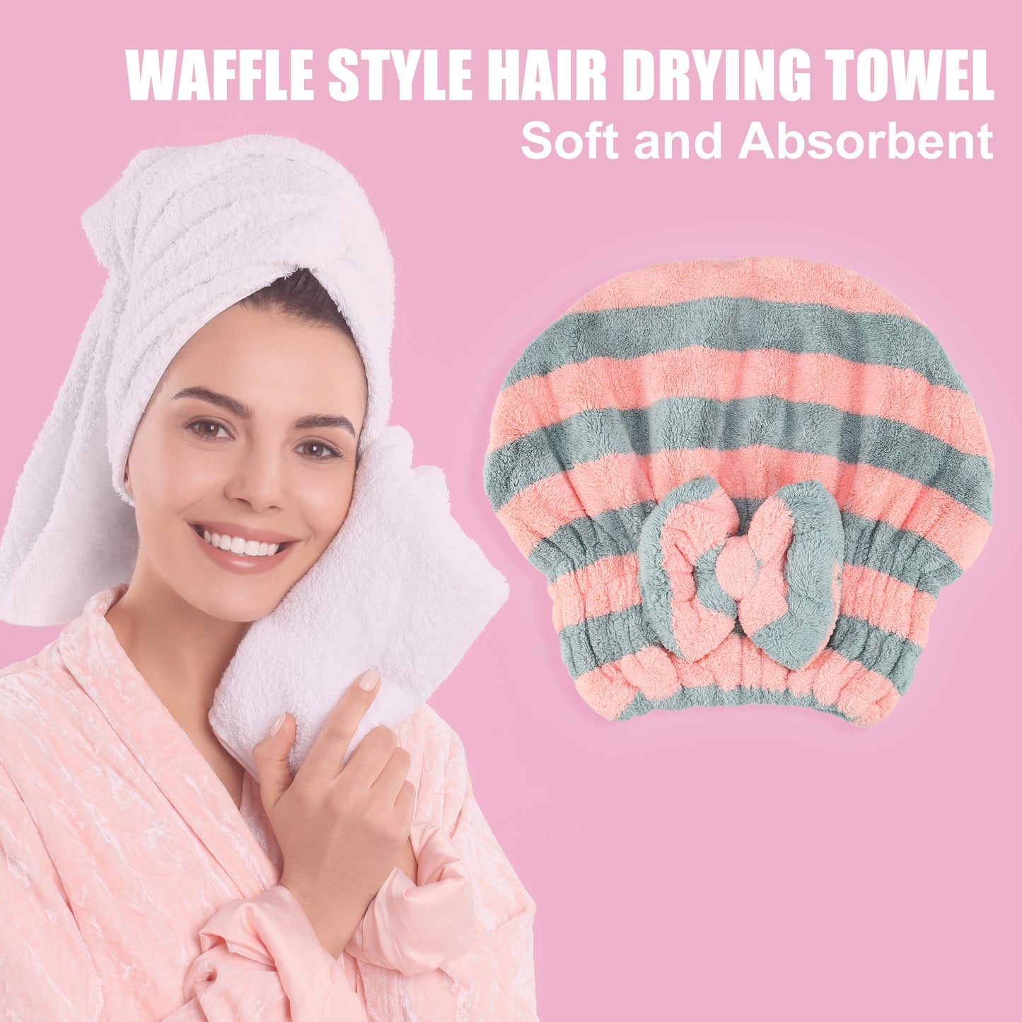 Coral Fleece Stripe Hair Drying Towel Dry Cap, Lightweight Strong Absorbent, Gray, Pink