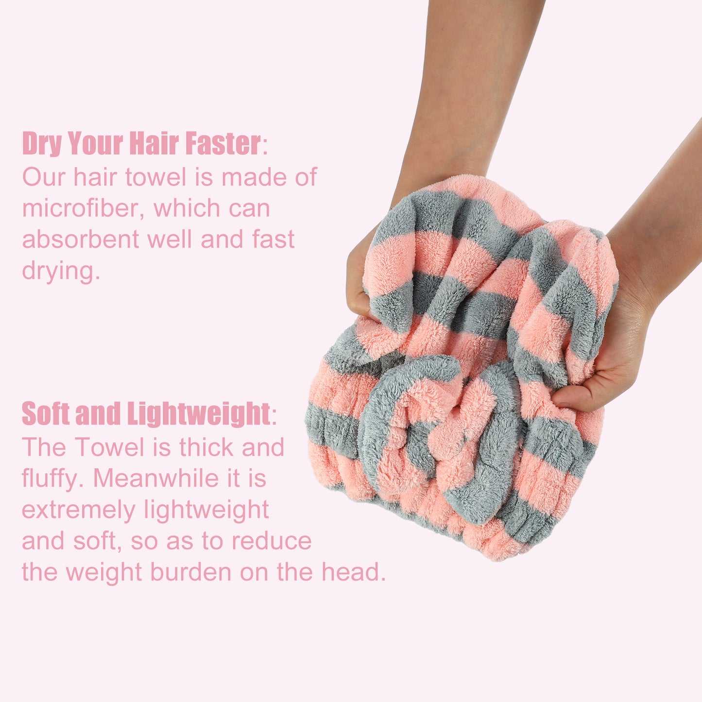 Coral Fleece Stripe Hair Drying Towel Dry Cap, Lightweight Strong Absorbent, Gray, Pink