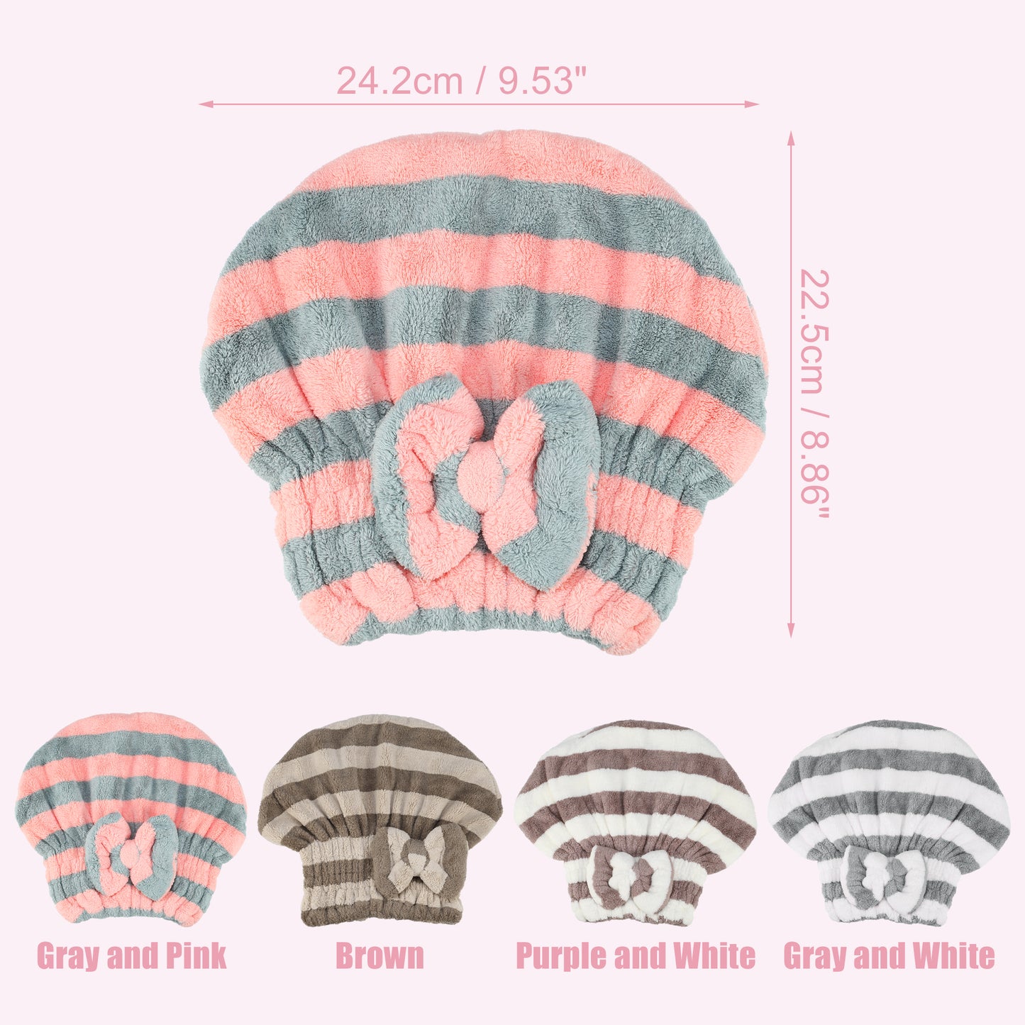 Coral Fleece Stripe Hair Drying Towel Dry Cap, Lightweight Strong Absorbent, Gray, Pink