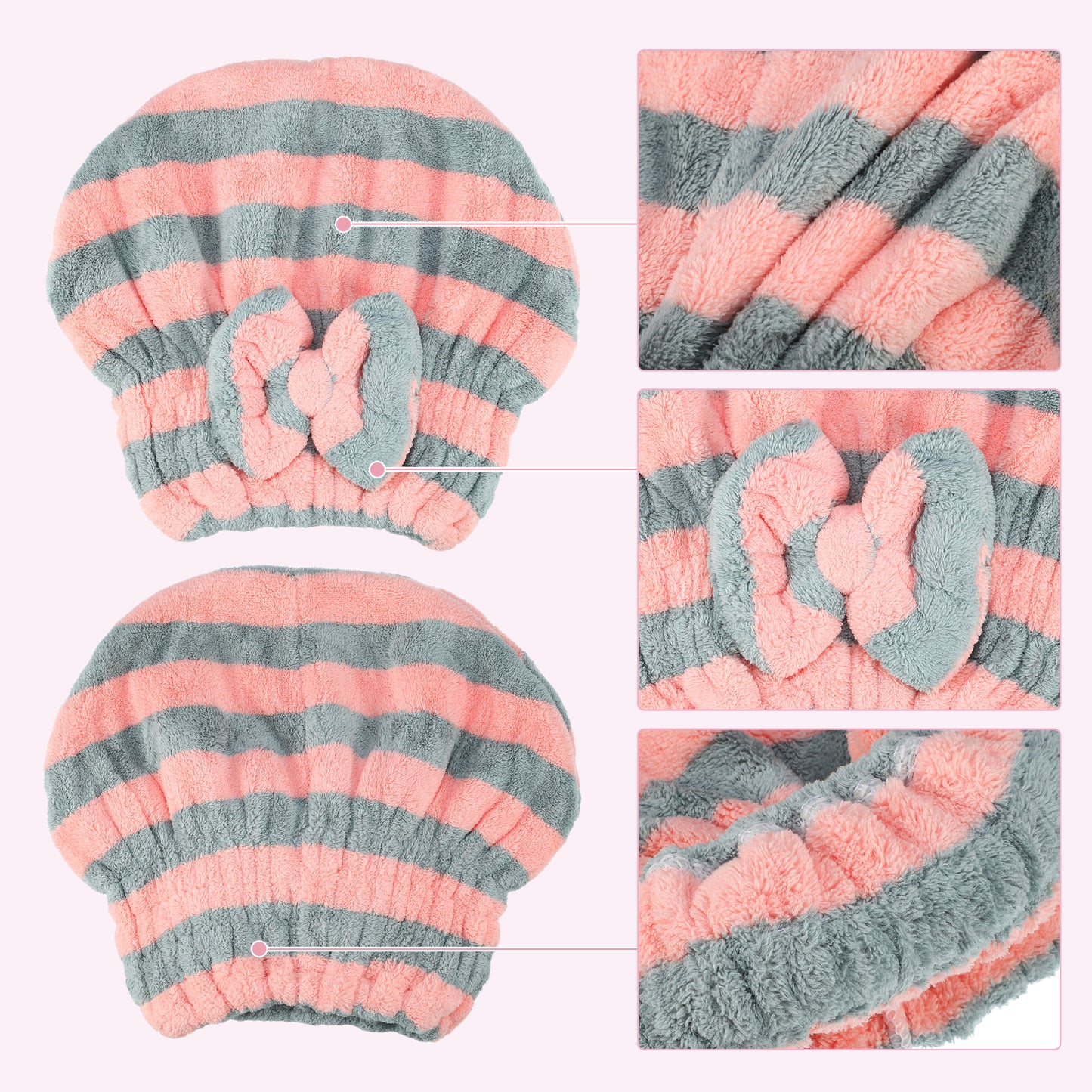 Coral Fleece Stripe Hair Drying Towel Dry Cap, Lightweight Strong Absorbent, Gray, Pink