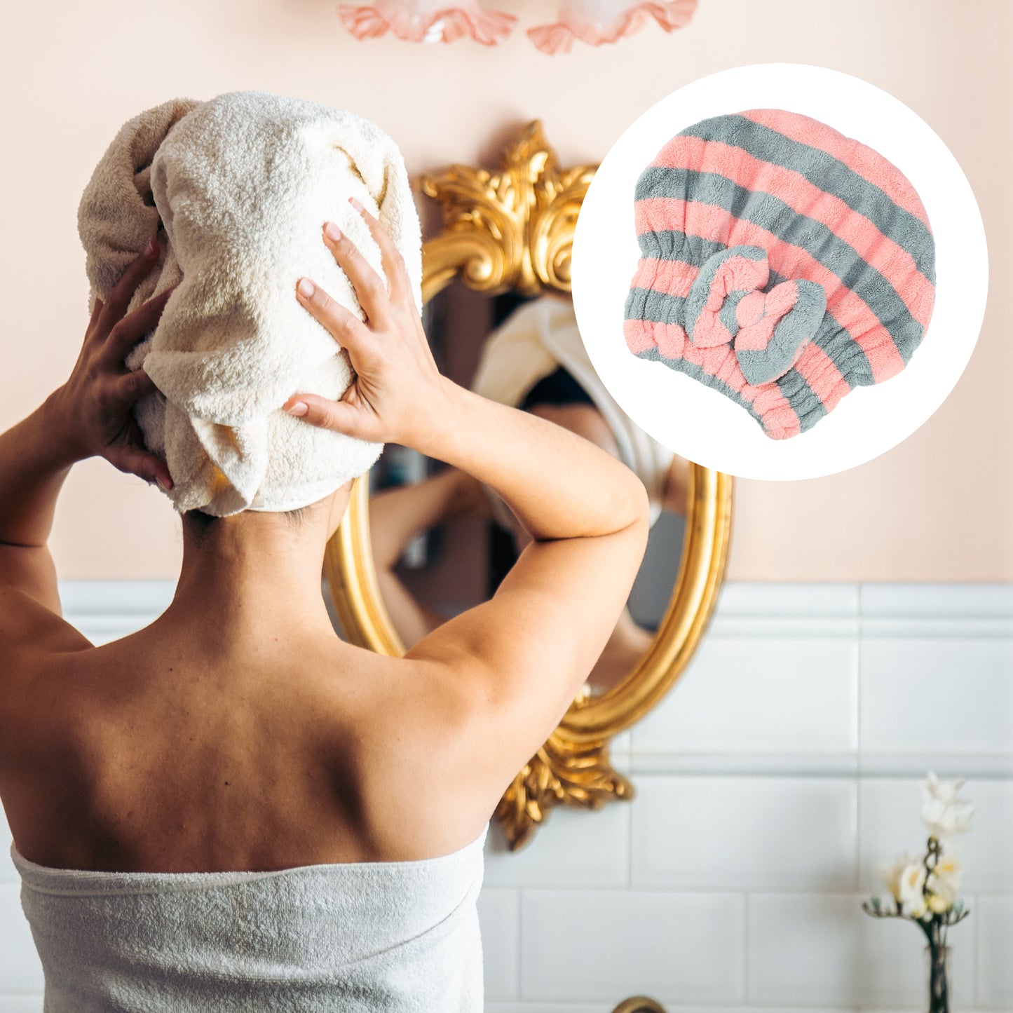 Coral Fleece Stripe Hair Drying Towel Dry Cap, Lightweight Strong Absorbent, Gray, Pink
