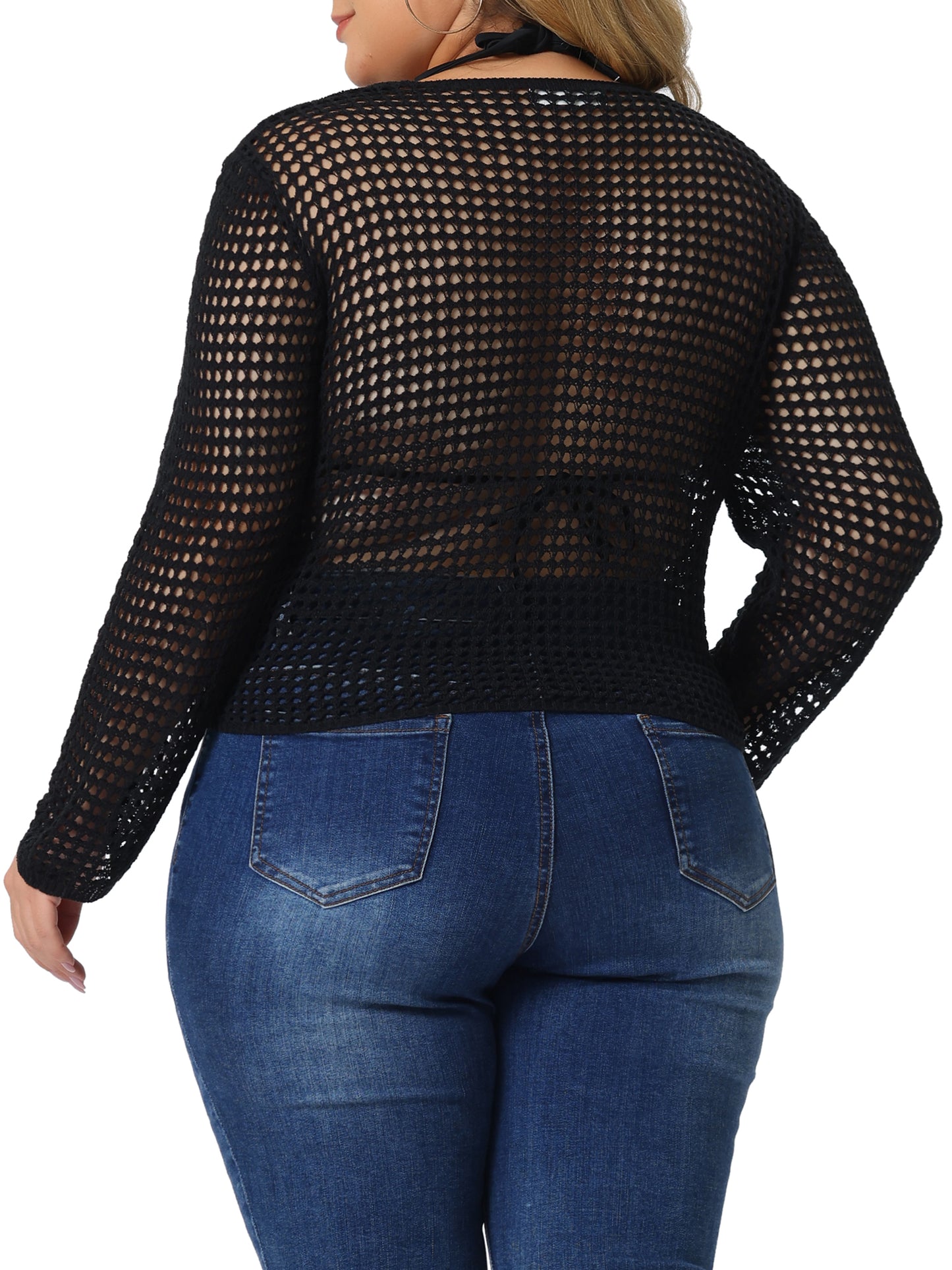 Suéter de punto calado con malla de crochet para mujer, talla grande, transparente, para playa