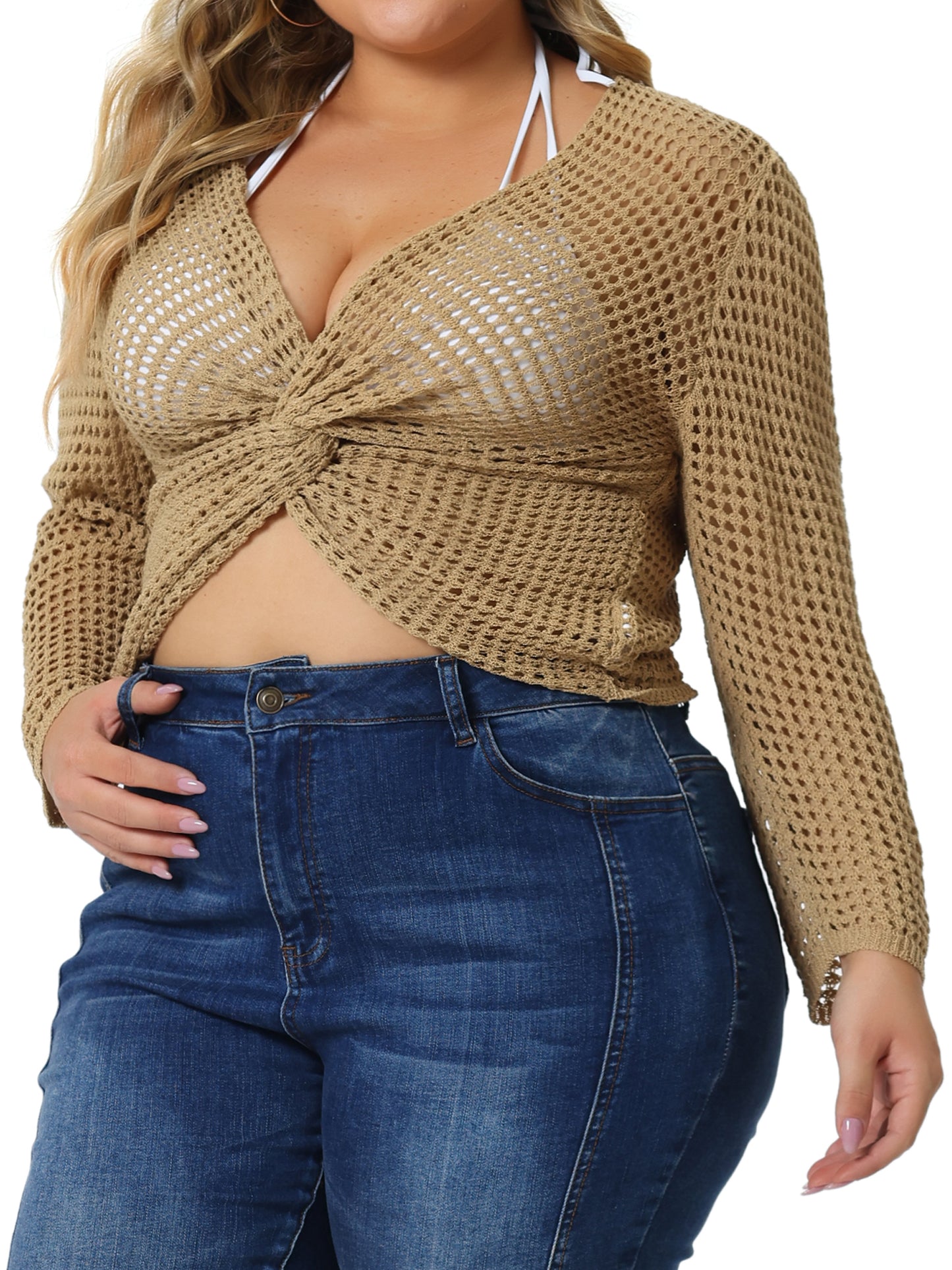 Suéter de punto calado con malla de crochet para mujer, talla grande, transparente, para playa