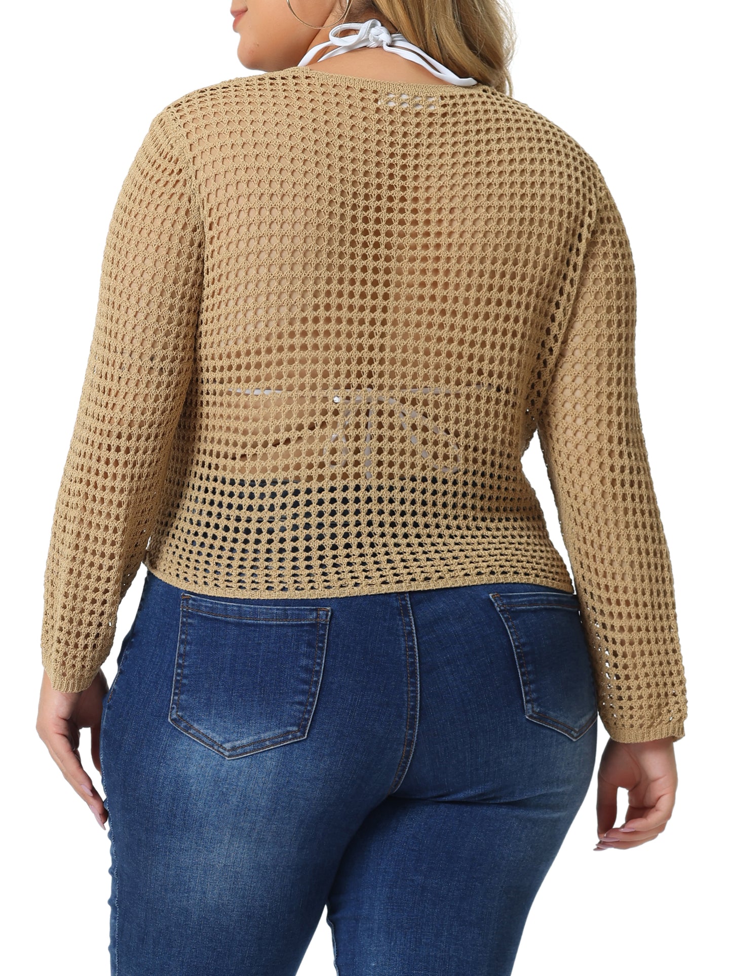 Suéter de punto calado con malla de crochet para mujer, talla grande, transparente, para playa