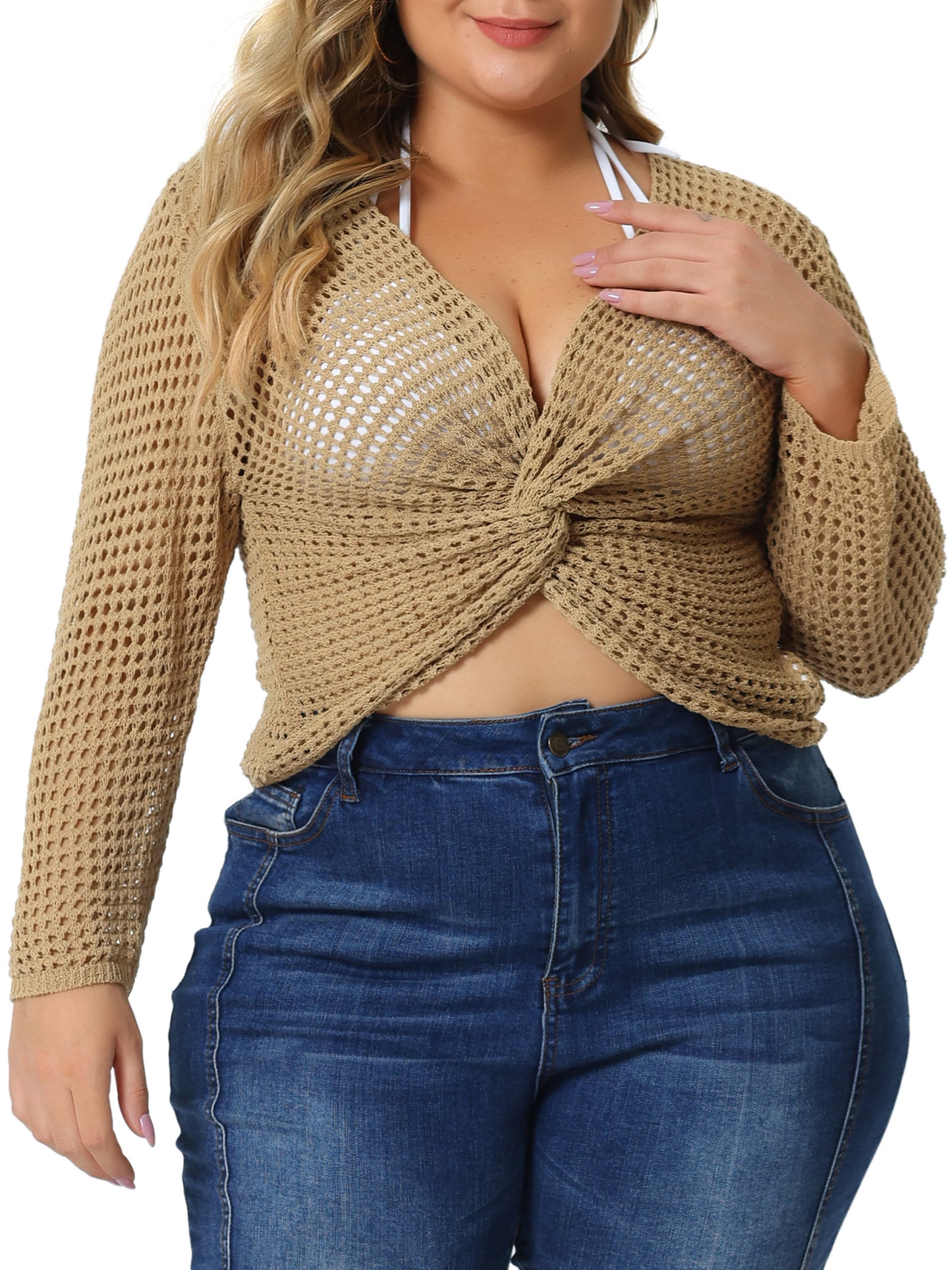 Suéter de punto calado con malla de crochet para mujer, talla grande, transparente, para playa