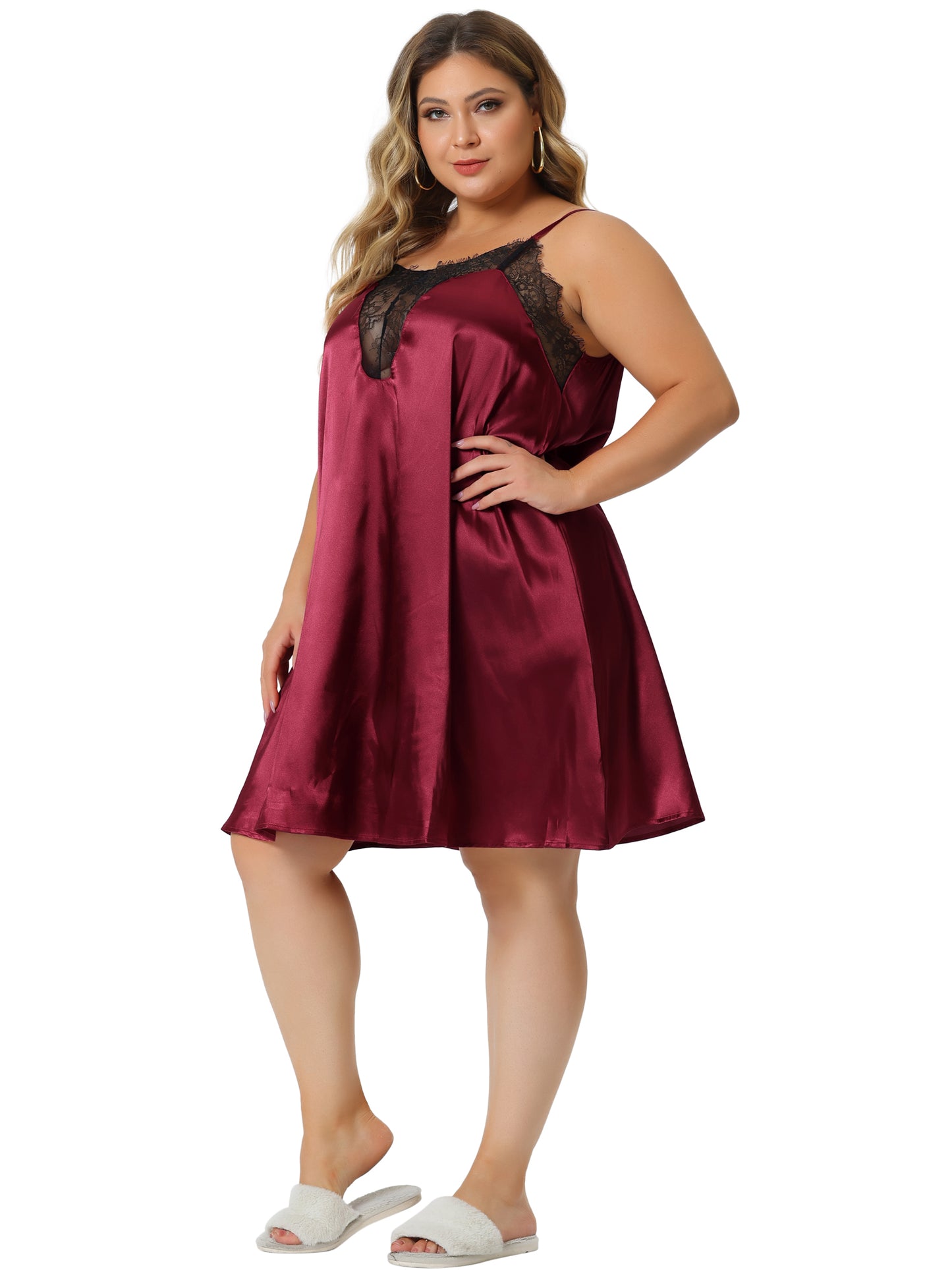 Camisón de encaje de talla grande para mujer, vestido de dormir con tirantes finos