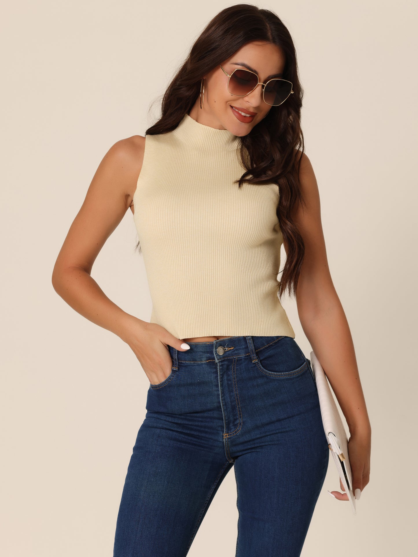 Women's Summer Mock Neck Cami Knit Vest Sleeveless Casual Pullover Tank Top