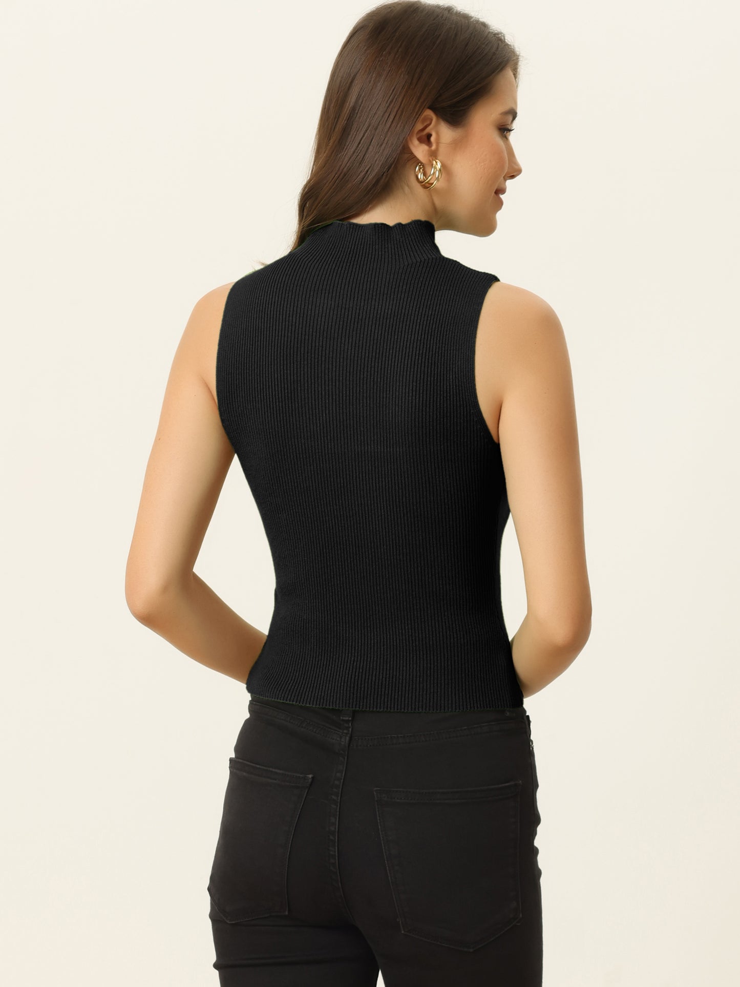 Women's Sleeveless Mock Neck Tops Sweater Fitting Knit Basic Vest Tank Top