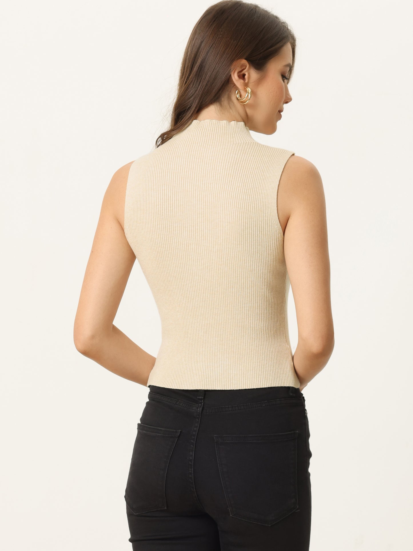 Women's Sleeveless Mock Neck Tops Sweater Fitting Knit Basic Vest Tank Top