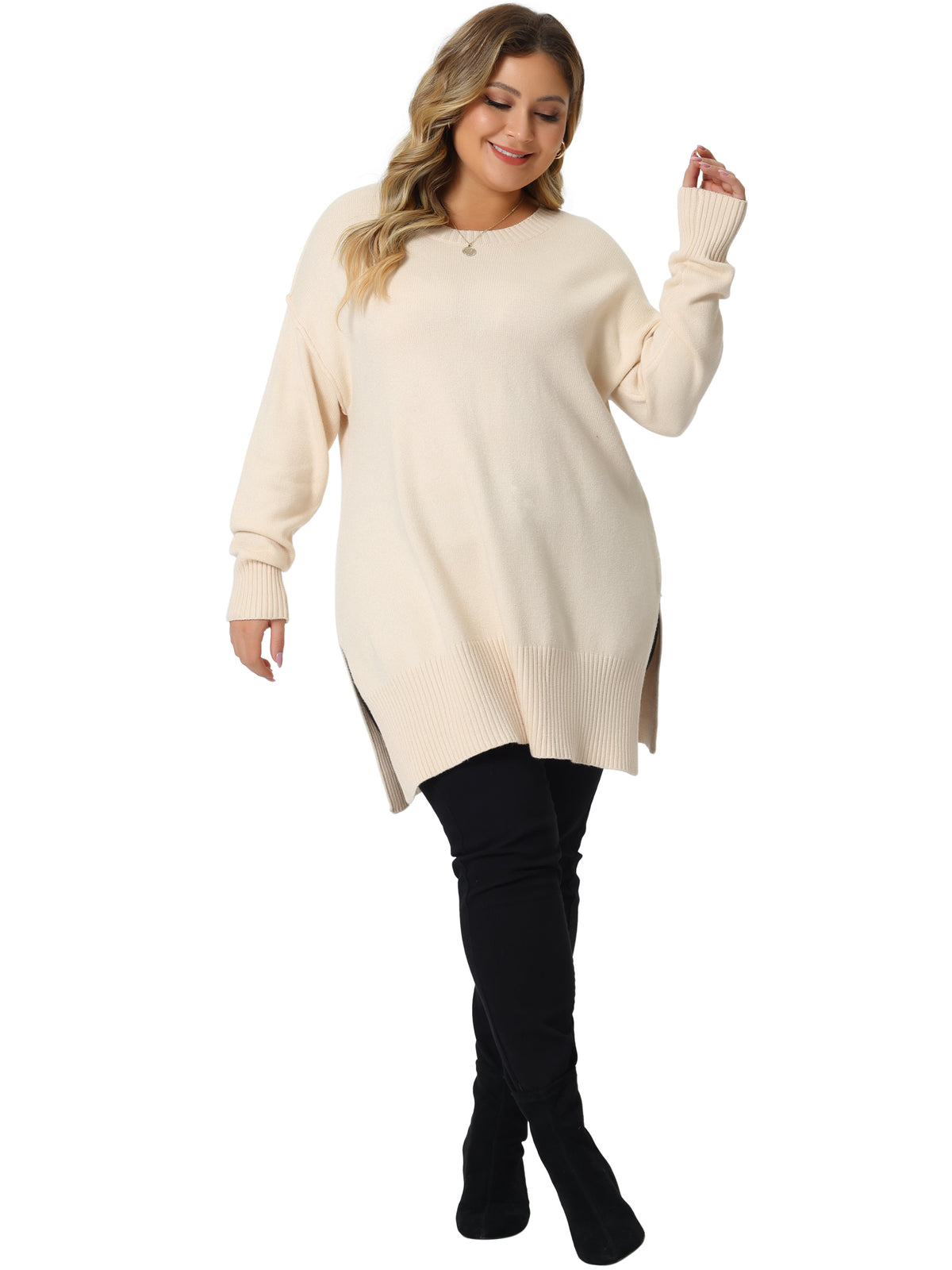 Women Plus Size Sweater Oversized Crew Neck Long Sleeve Slit hem Knit Pullover Sweater Tops