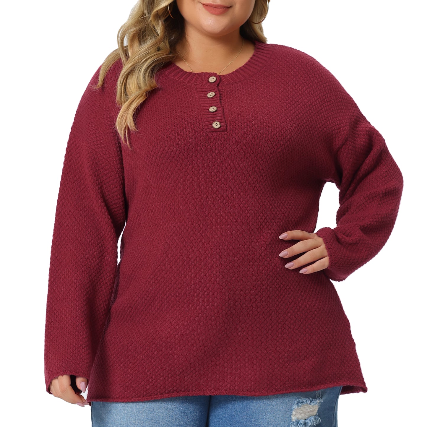 Women Plus Size Sweater Oversized Round Neck Long Sleeve Button Knit Pullover Sweater Tops