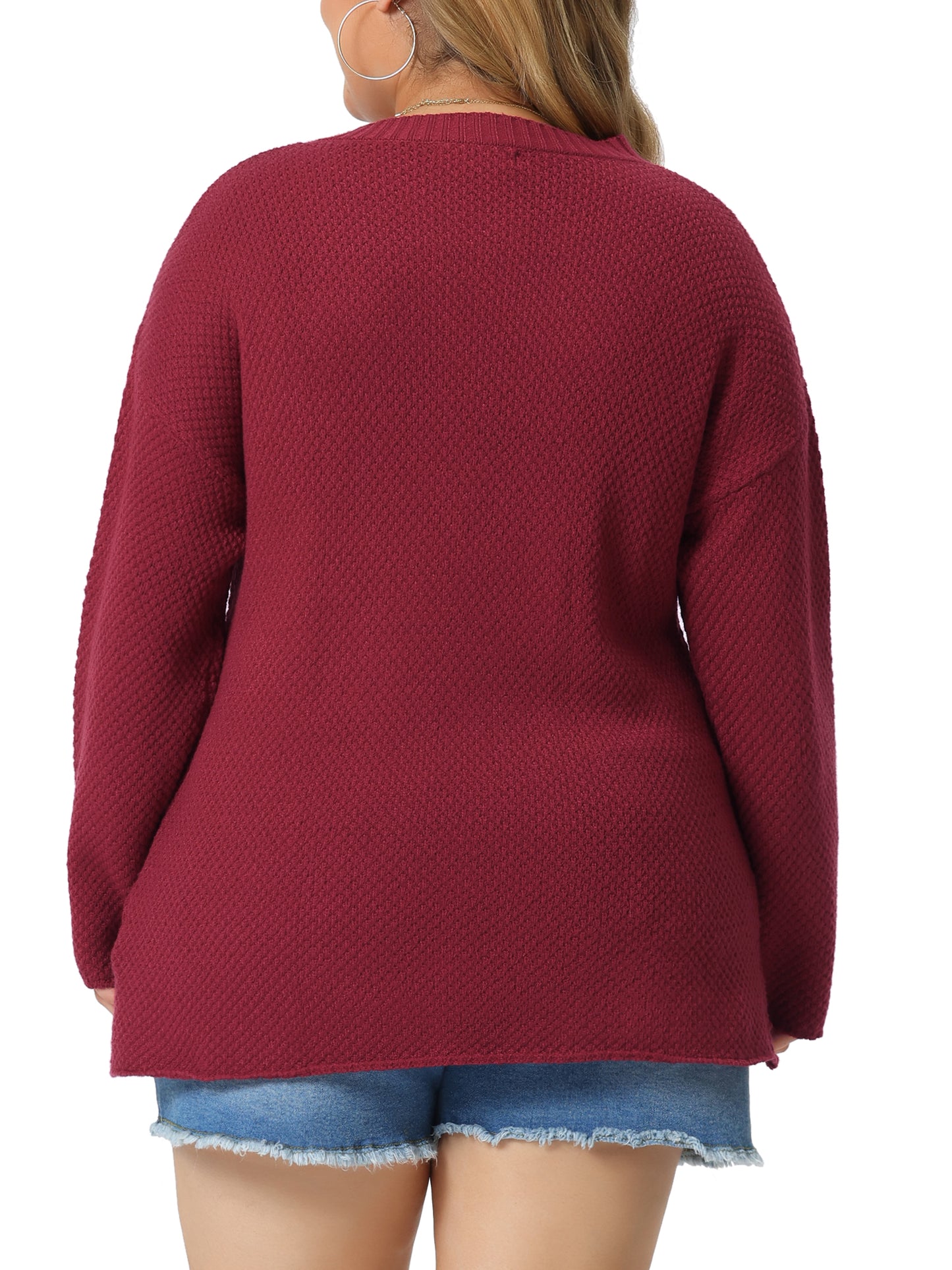 Women Plus Size Sweater Oversized Round Neck Long Sleeve Button Knit Pullover Sweater Tops