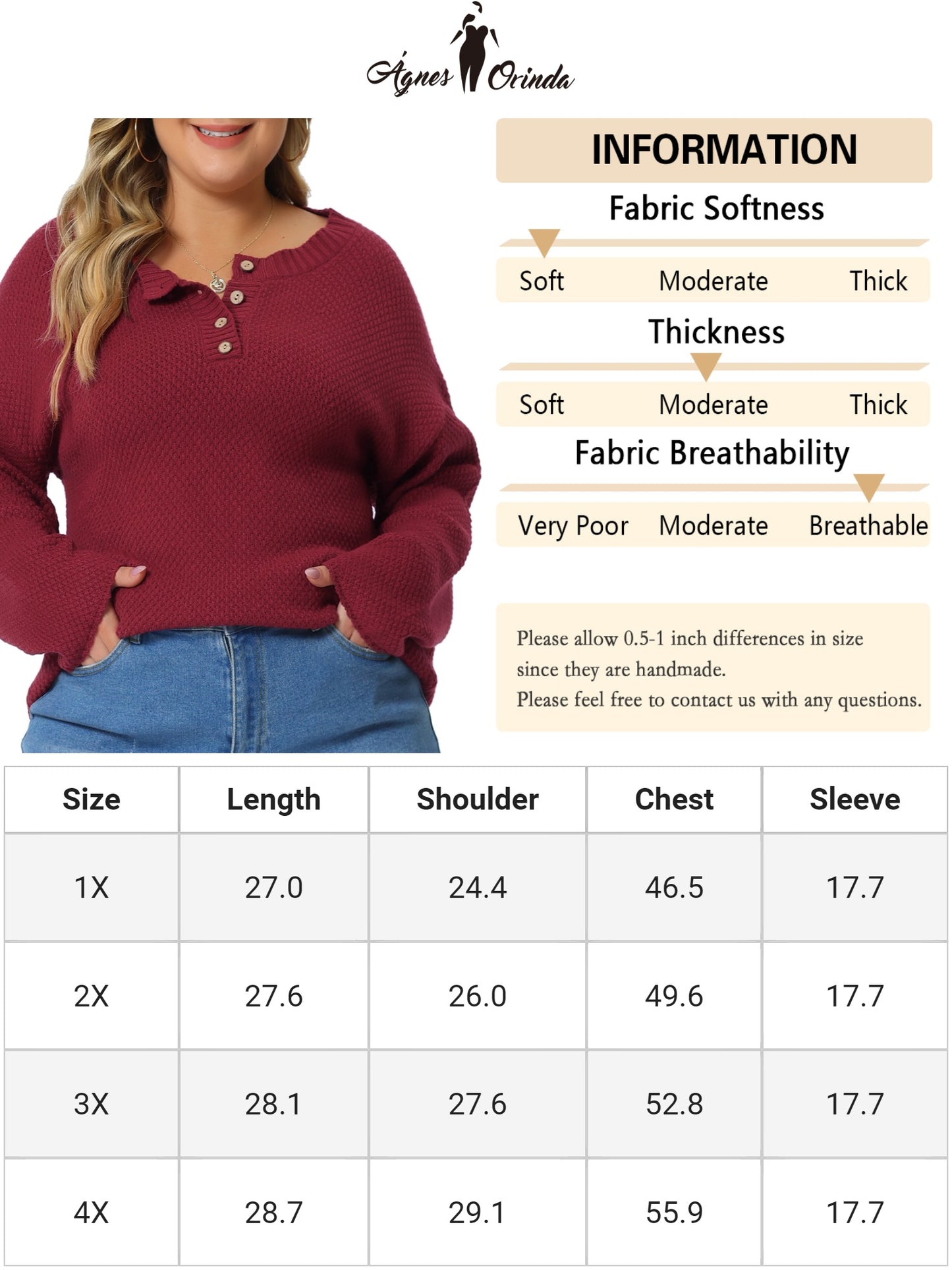 Women Plus Size Oversized Round Neck Long Sleeve Button Knit Pullover Sweater Top