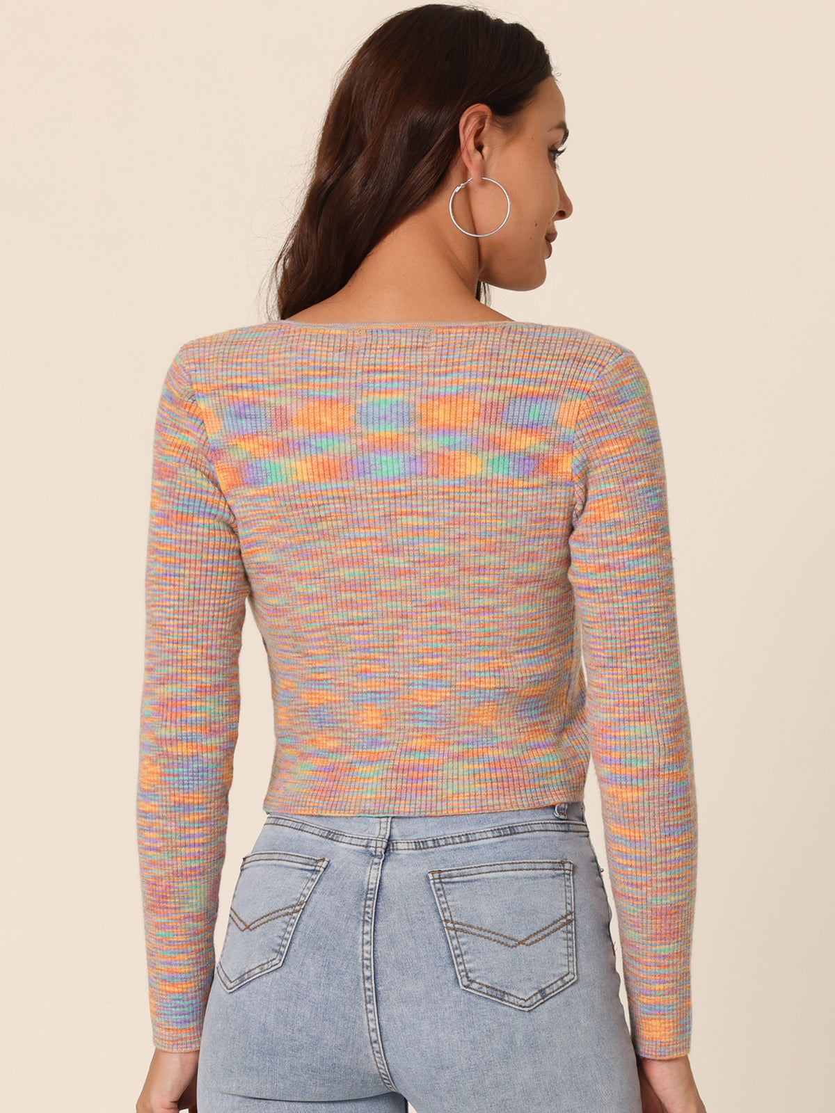 Women's Crop Knit Cardigan Long Sleeve Open Front Butterfly Buckle Casual Top