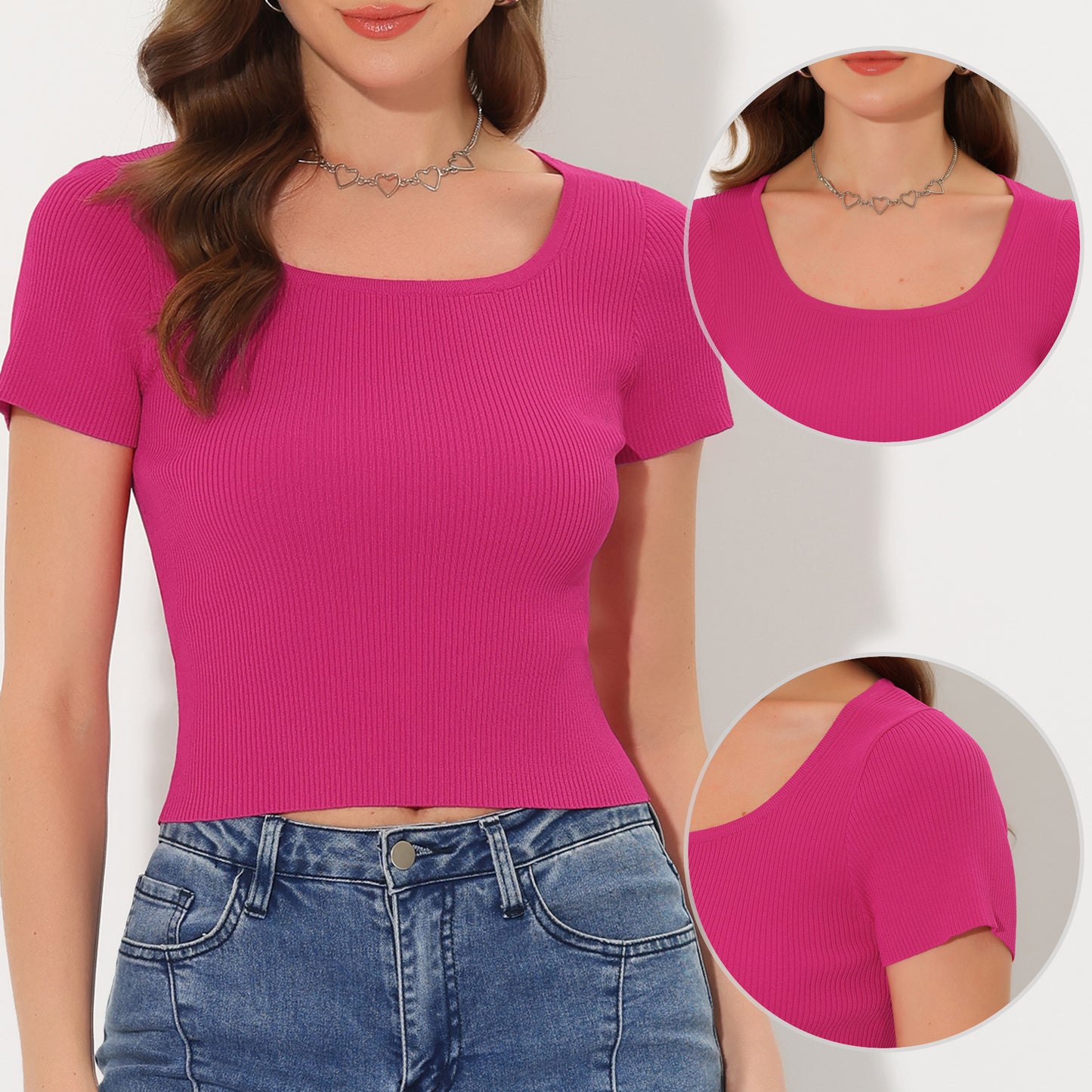 Women's Short Sleeve Tops Summer Round Neck Rib Knit Top Slim Fit Crop Tee T-Shirt