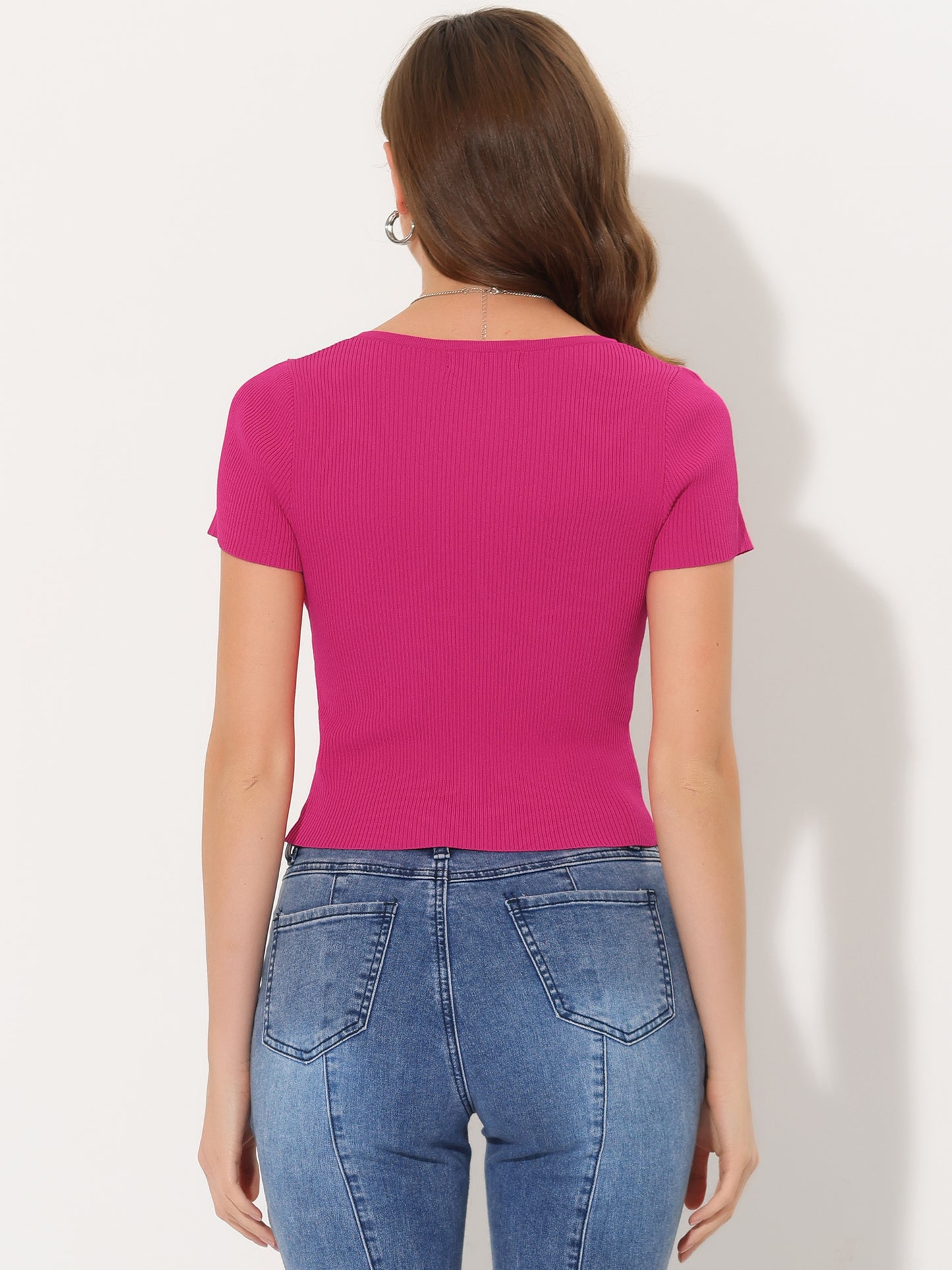 Women's Short Sleeve Tops Summer Round Neck Rib Knit Top Slim Fit Crop Tee T-Shirt