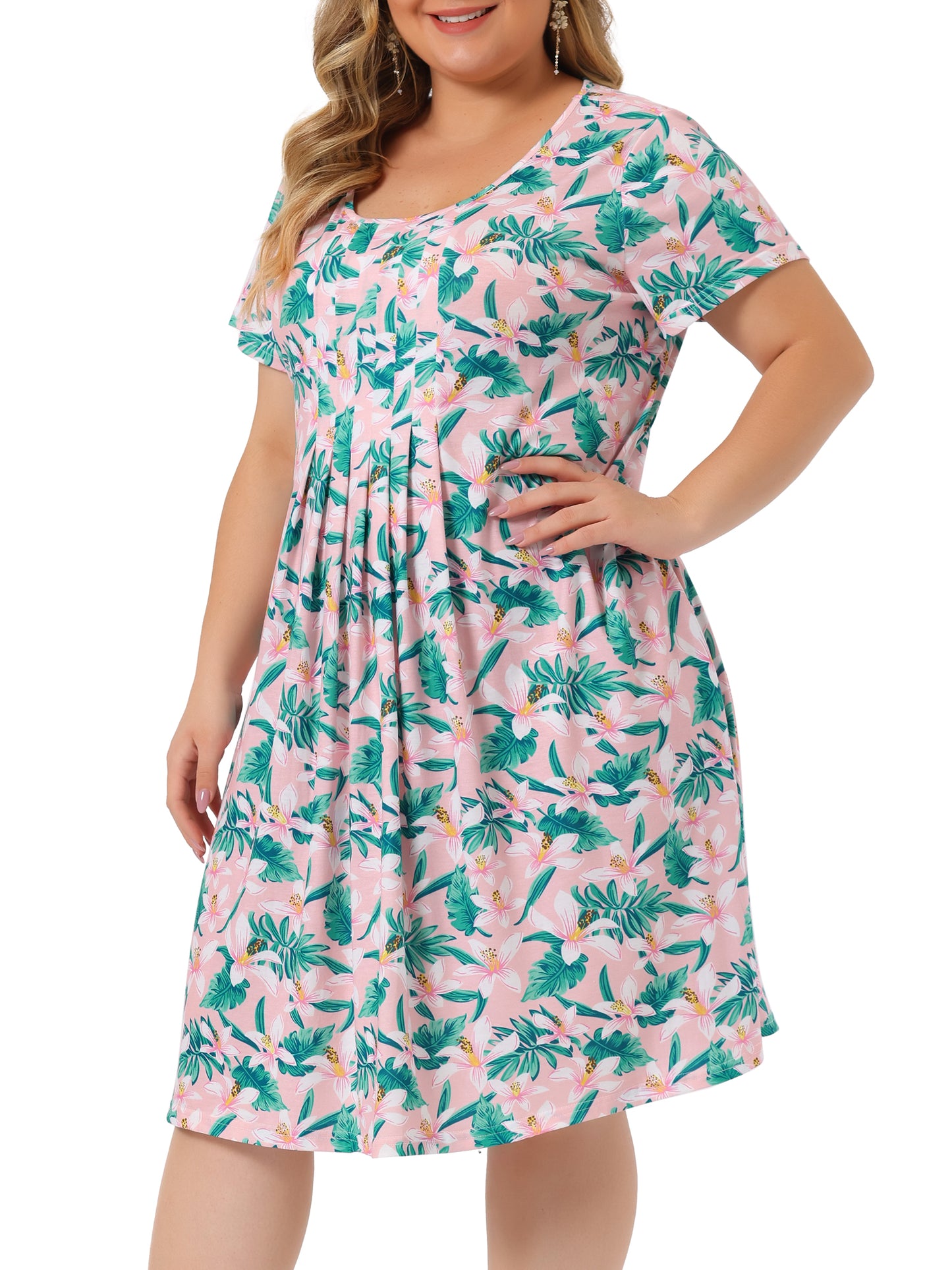 Women Plus Size Short Sleeves Pleated Summer Casual Loose Floral Dress