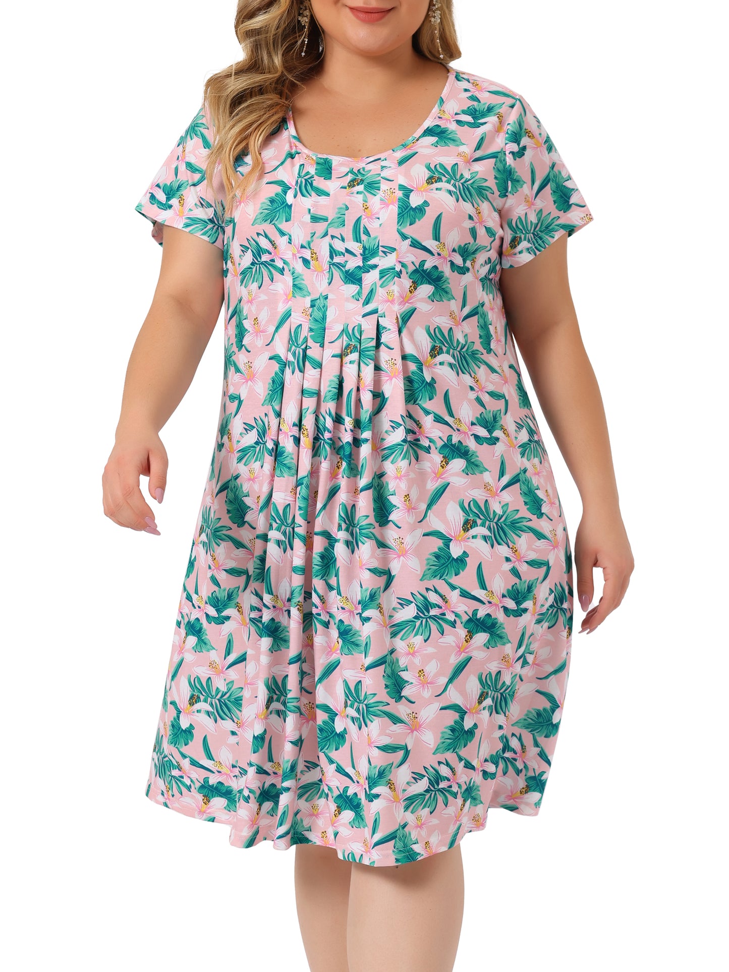 Women Plus Size Short Sleeves Pleated Summer Casual Loose Floral Dress