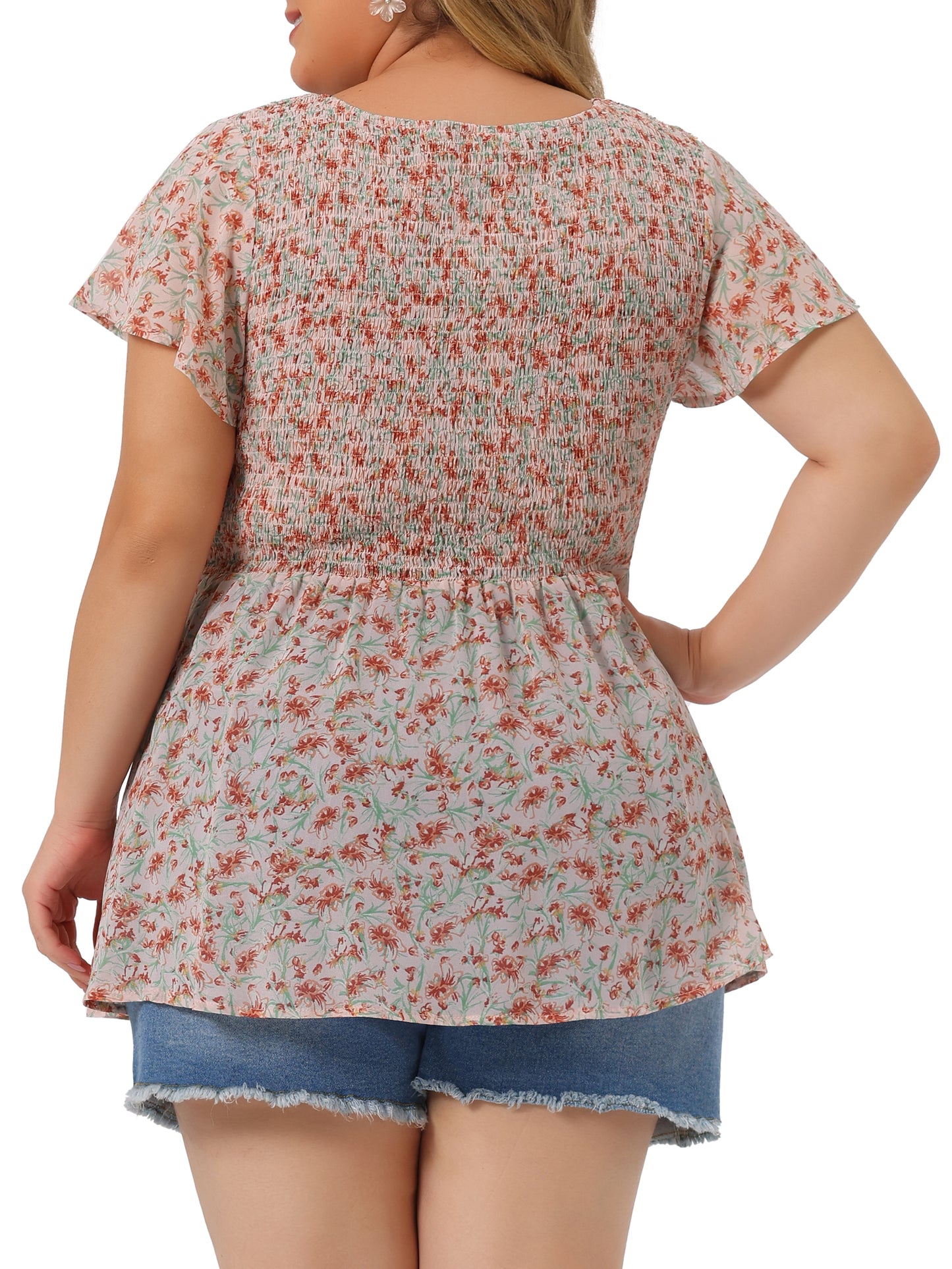 Women Plus Size Chiffon Blouse Summer Flare Short Sleeve Smocked Ditsy Floral Peplum Top