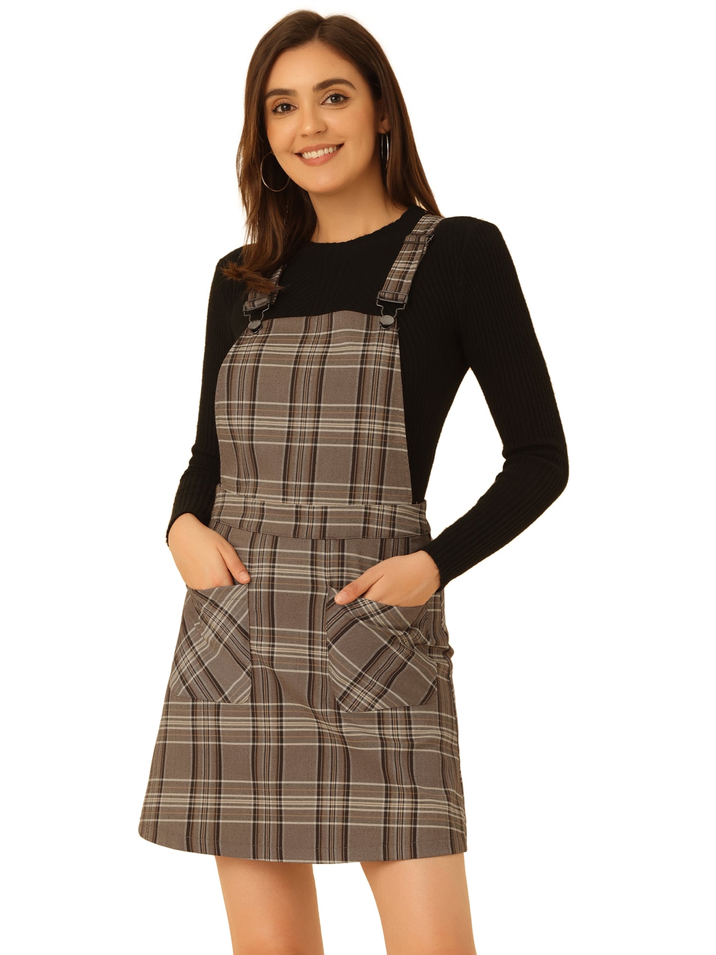 Women's Adjustable Strap Above Knee Plaid Printed Overall Dress Suspender Skirt