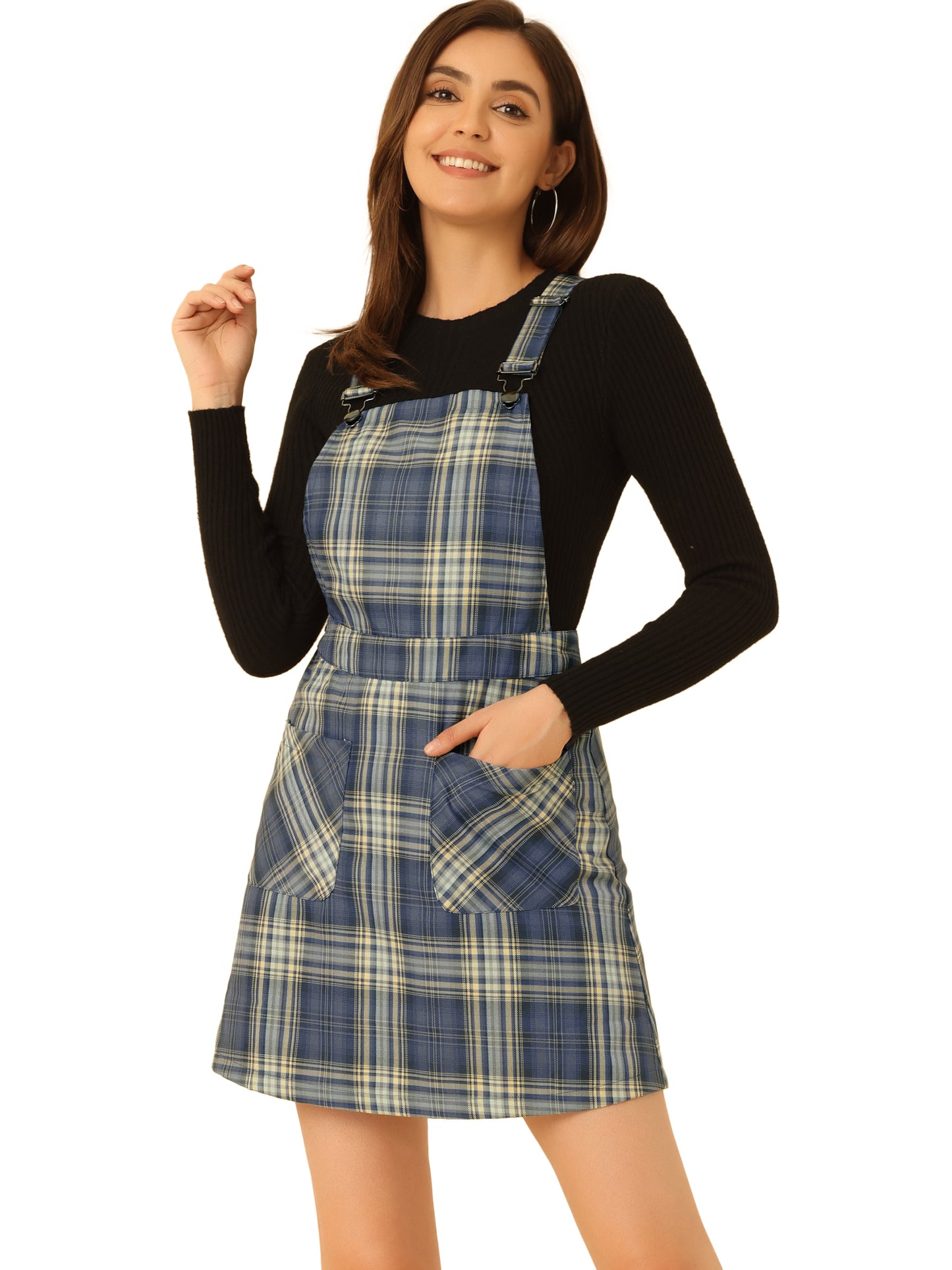 Women's Adjustable Strap Above Knee Plaid Printed Overall Dress Suspender Skirt