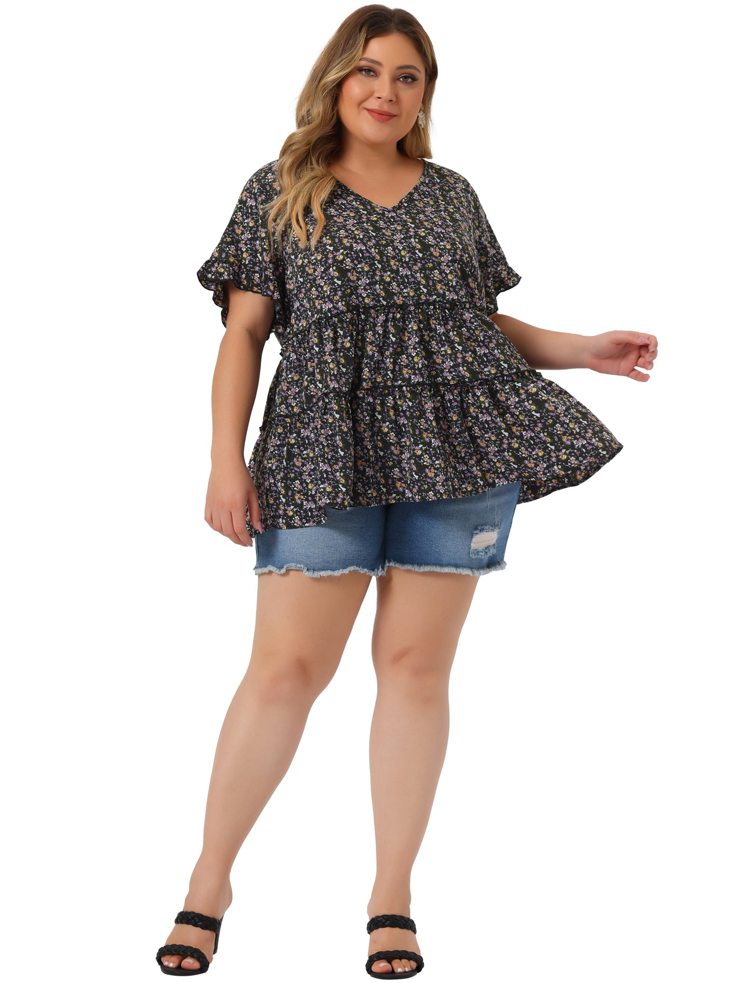 Women's Plus Size Blouse Summer Tops V Neck Short Sleeve Boho Floral Babydolls Blouse