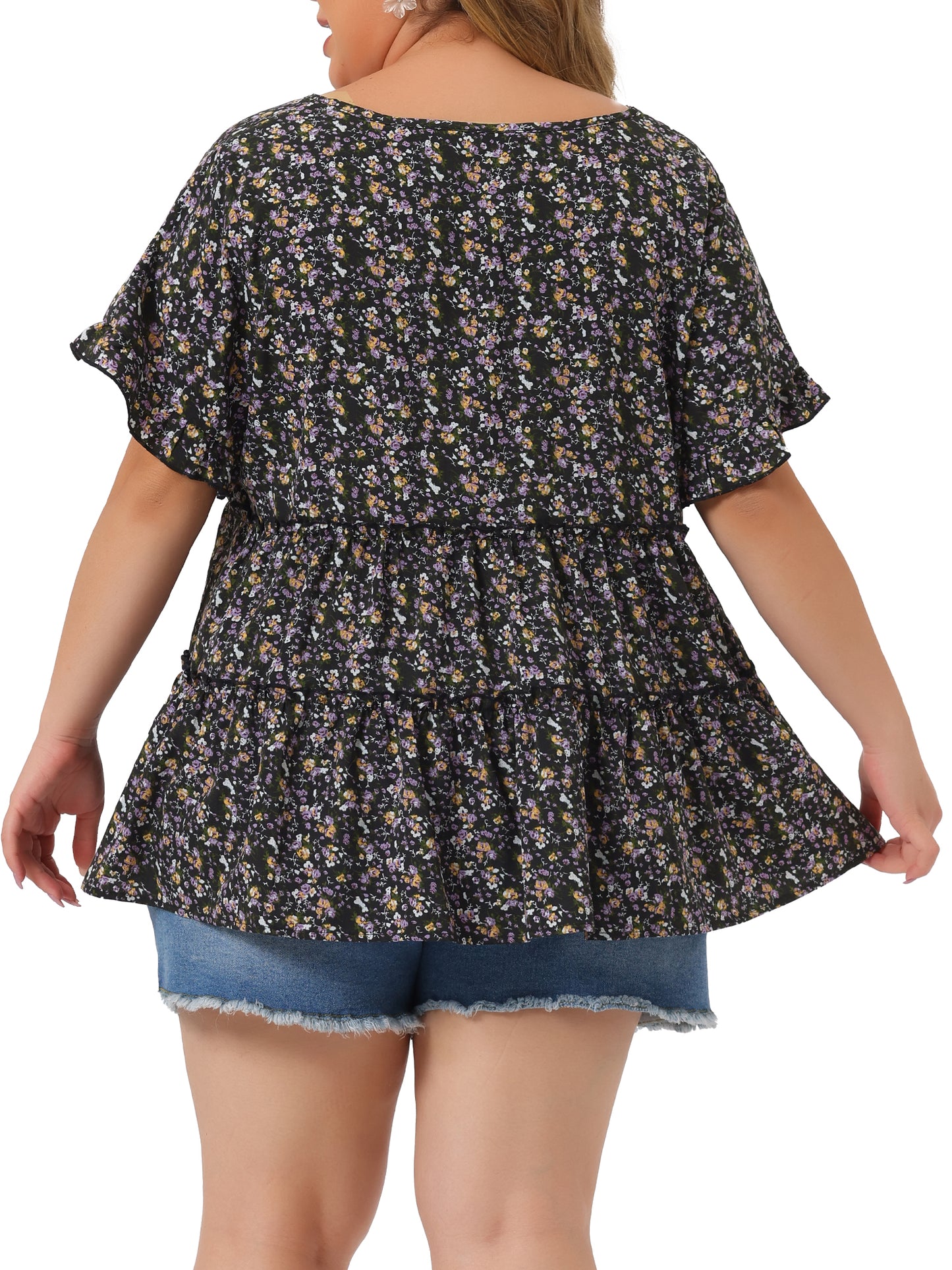 Women's Plus Size Blouse Summer Tops V Neck Short Sleeve Boho Floral Babydolls Blouse
