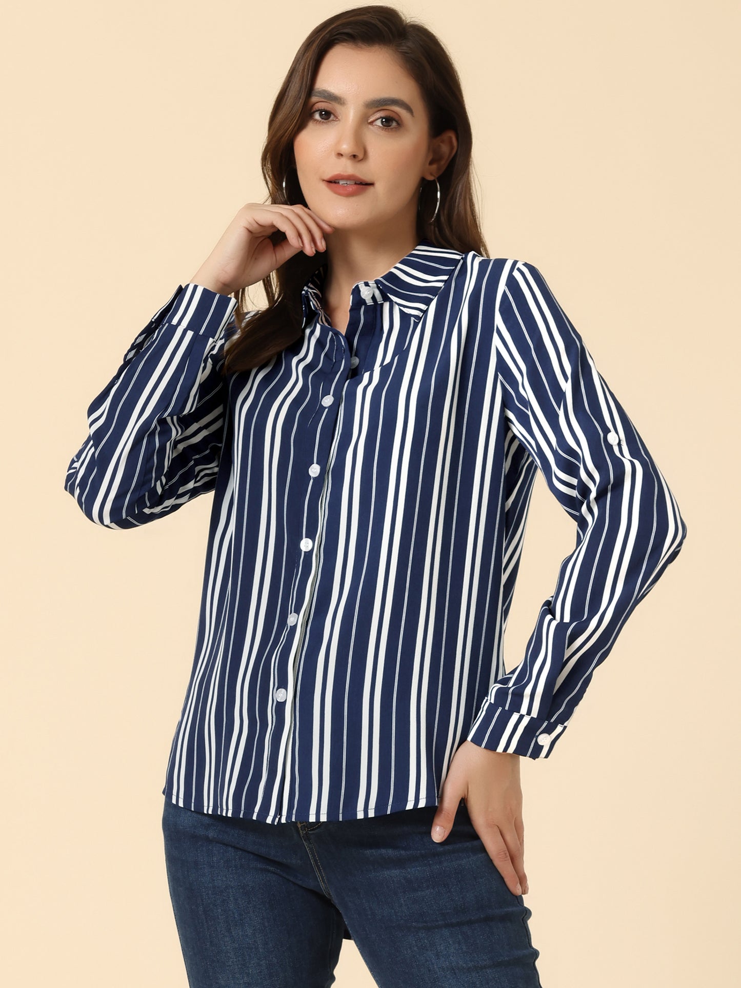 Women's Striped Button Down Roll-Up Long Sleeves Point Collar Shirt (Available in Plus Size)