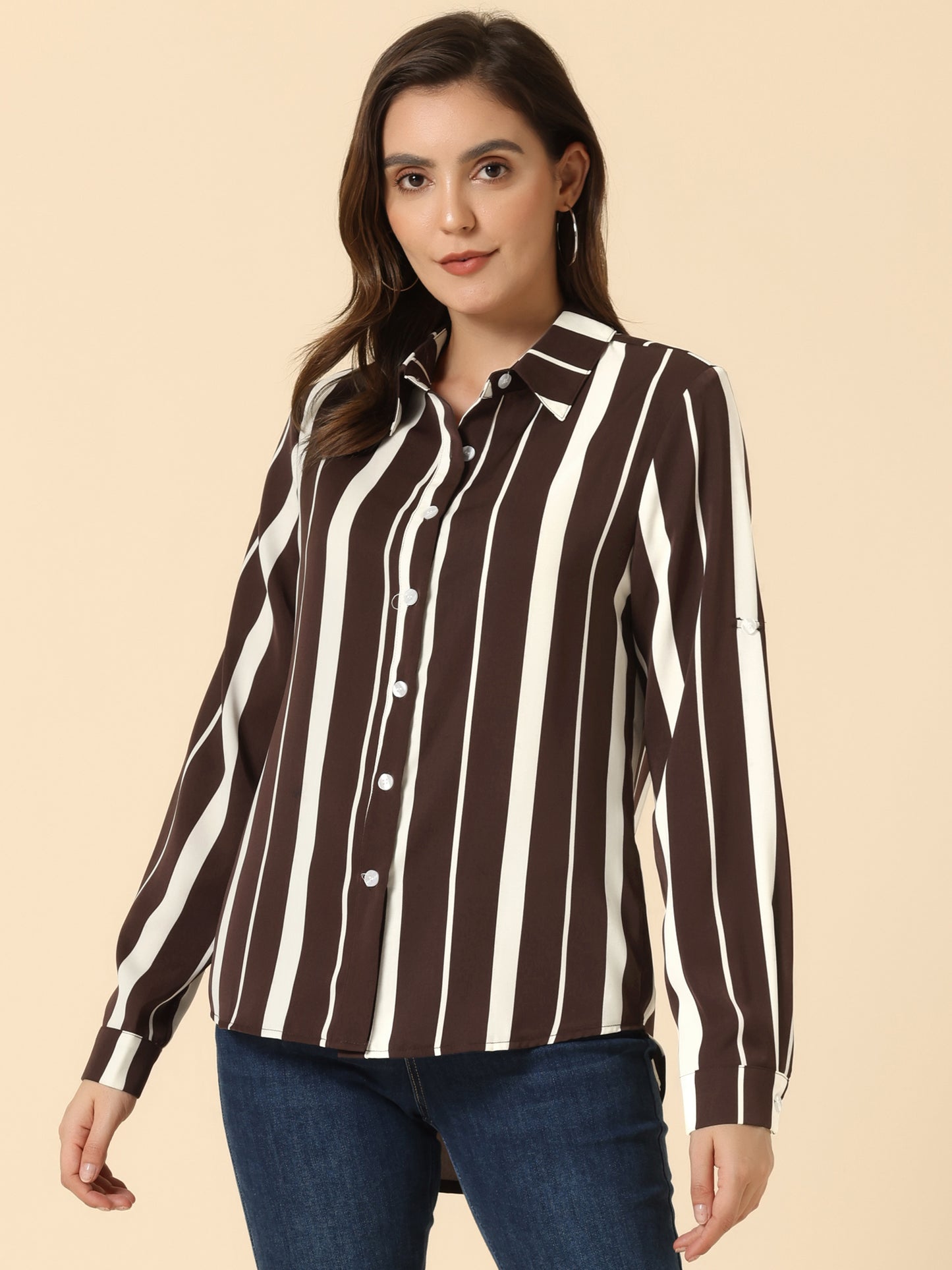 Women's Striped Button Down Roll-Up Long Sleeves Point Collar Shirt (Available in Plus Size)