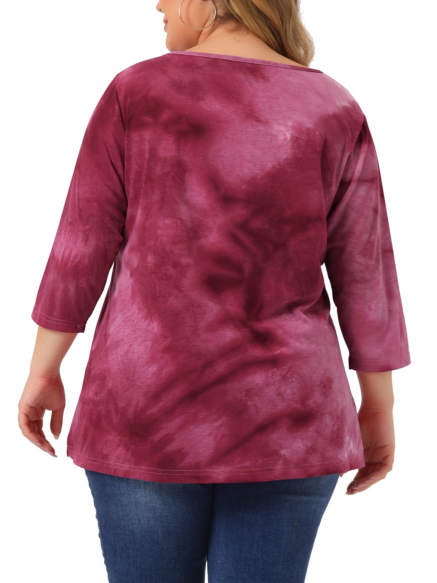 Women Plus Size T Shirt V Neck 3/4 Sleeve Loose Casual Blouse Striped Tie Dye Print