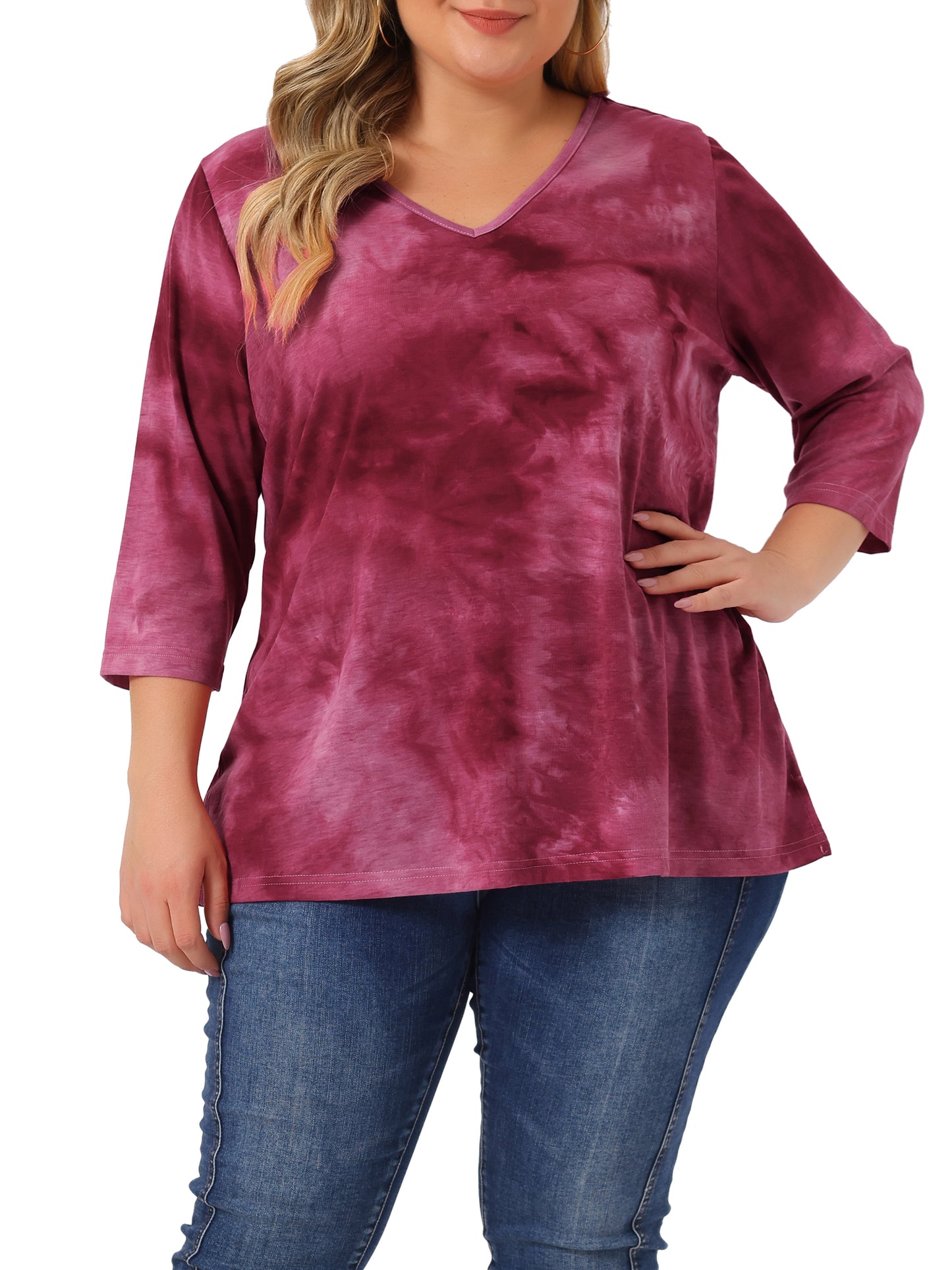 Women Plus Size T Shirt V Neck 3/4 Sleeve Loose Casual Blouse Striped Tie Dye Print