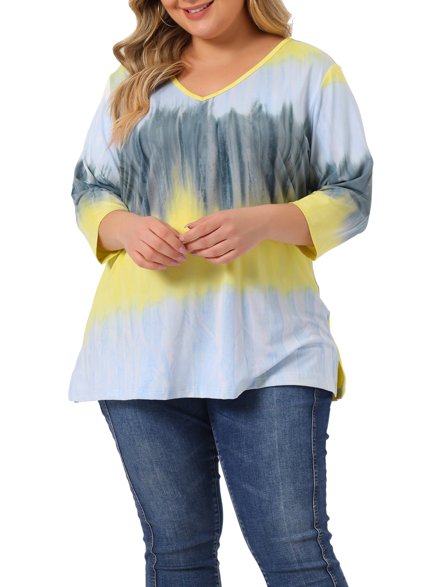 Women Plus Size T Shirt V Neck 3/4 Sleeve Loose Casual Blouse Striped Tie Dye Print