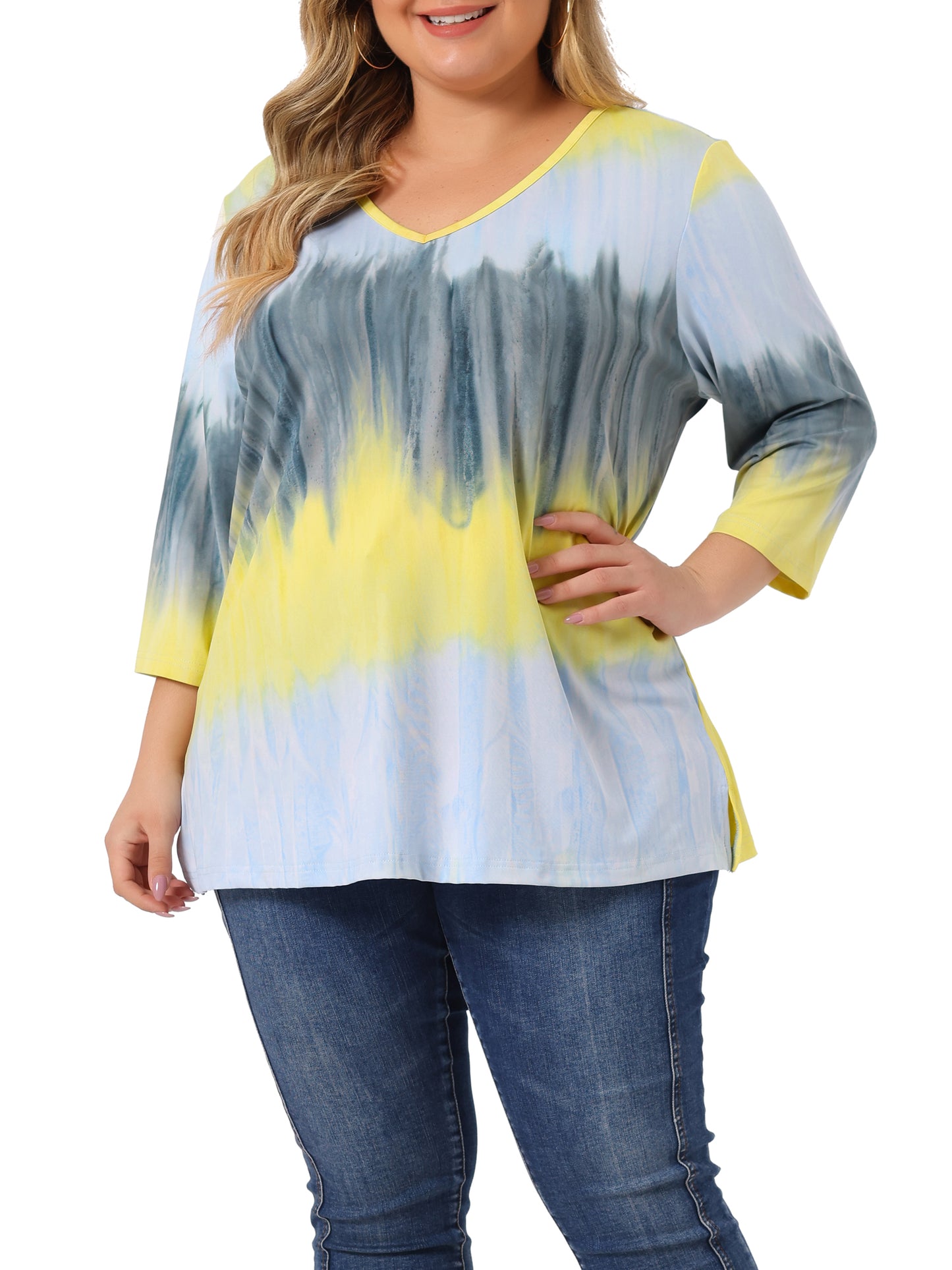 Women Plus Size T Shirt V Neck 3/4 Sleeve Loose Casual Blouse Striped Tie Dye Print