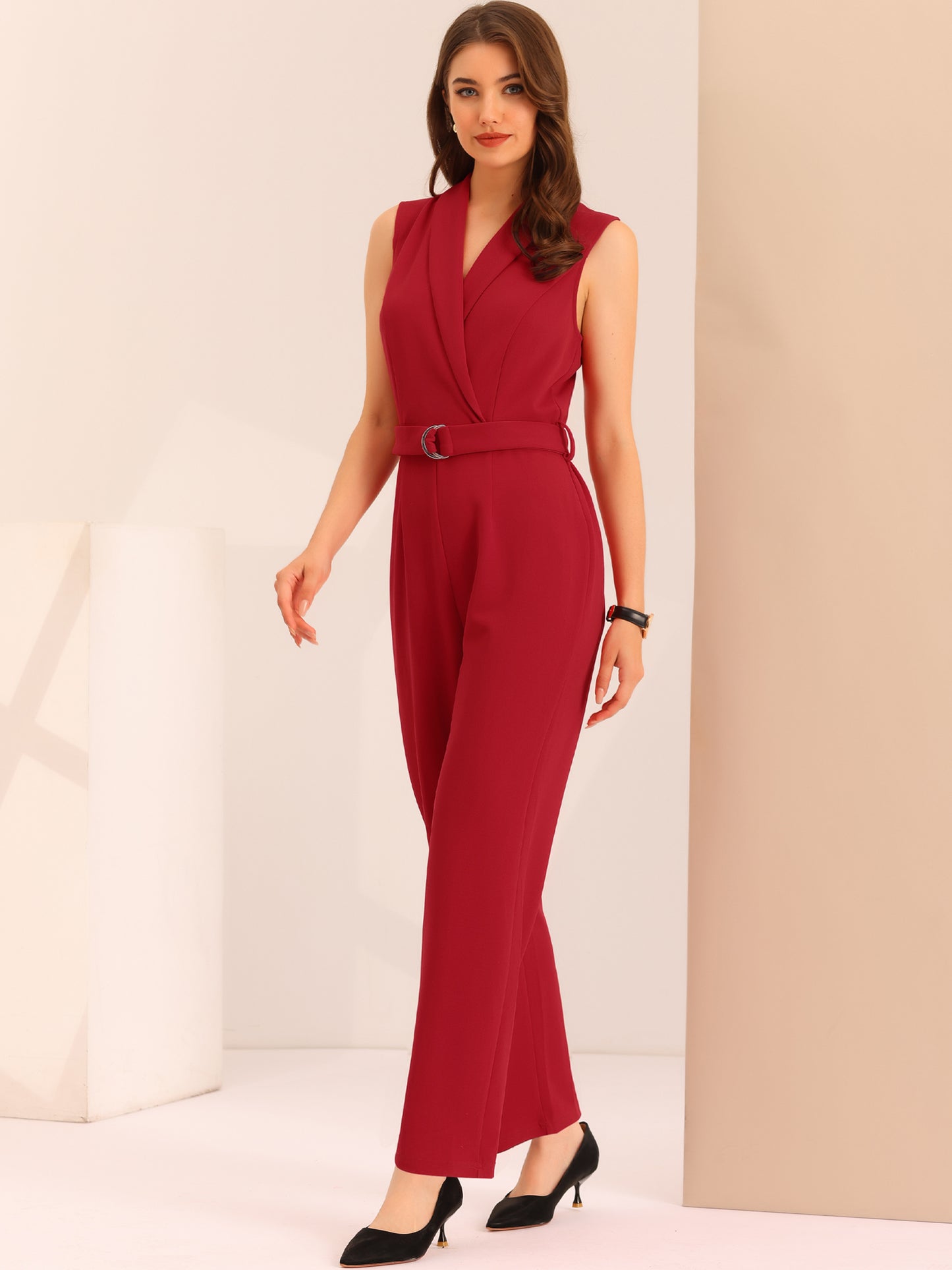 Women's Work Jumpsuit Formal Office Sleeveless Belted Jumpsuits Dressy Romper