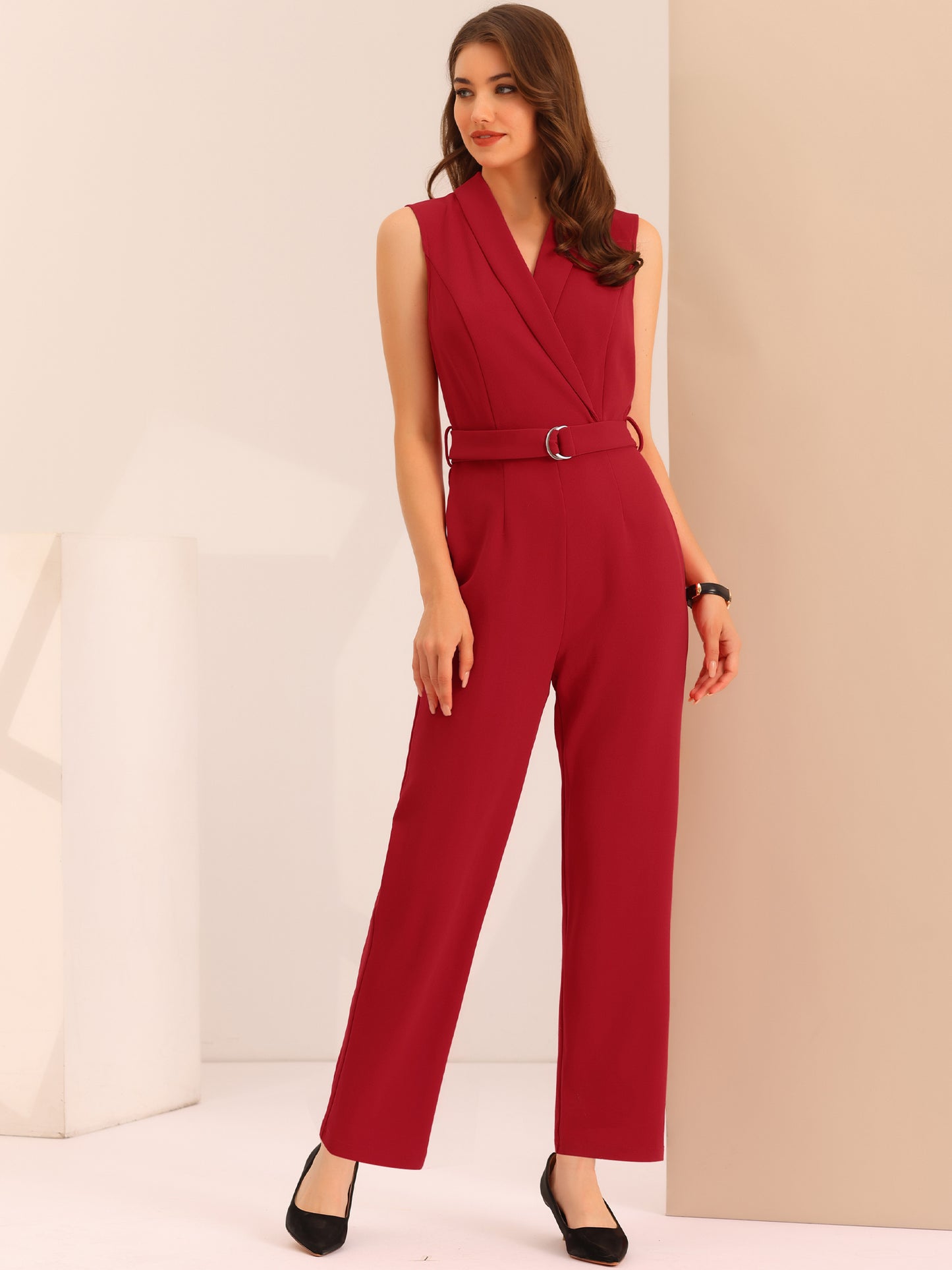 Women's Work Jumpsuit Formal Office Sleeveless Belted Jumpsuits Dressy Romper
