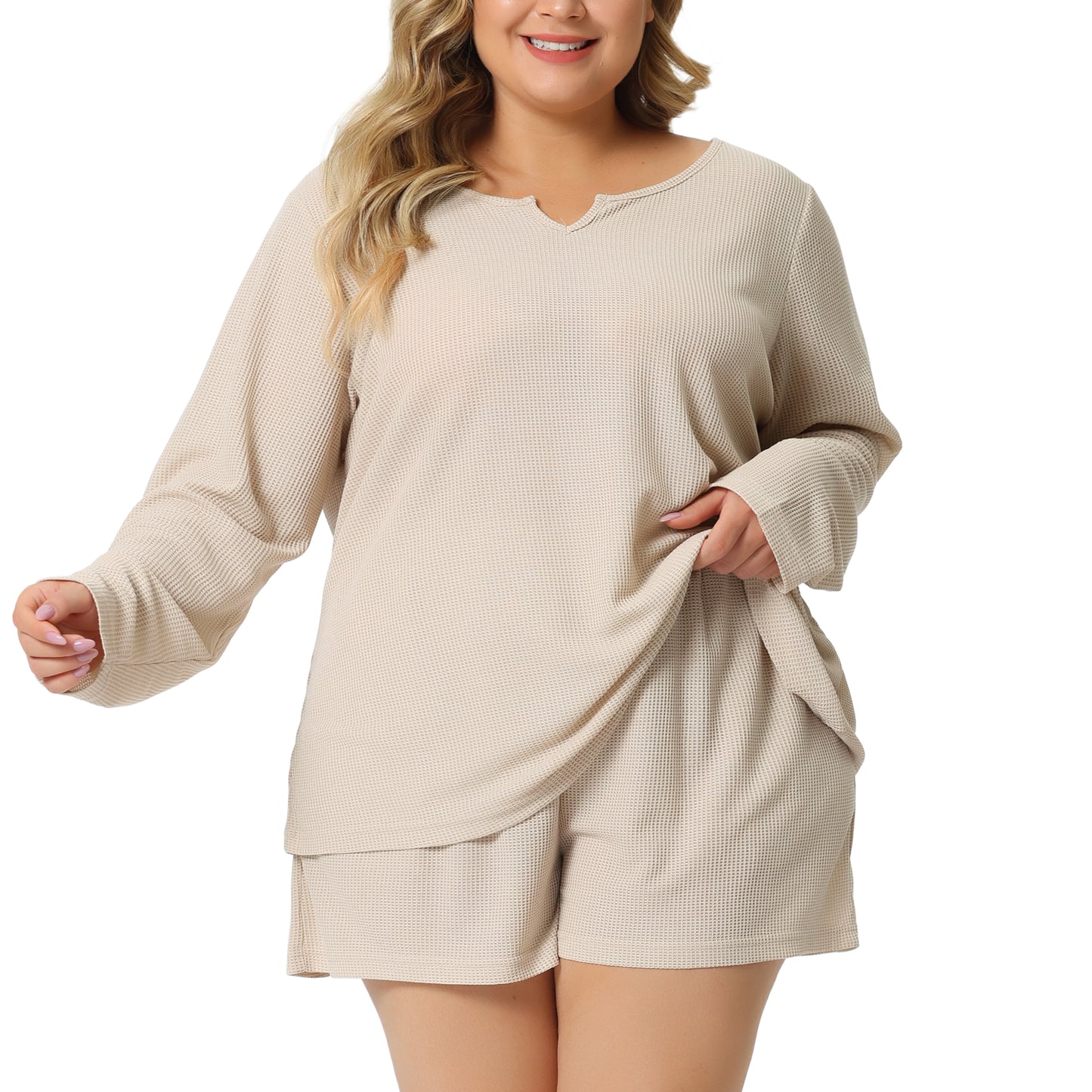 Women Plus Size Loungewear Waffle 2 Piece Long Sleeved Tops and Shorts Pajama Sweatsuits Set