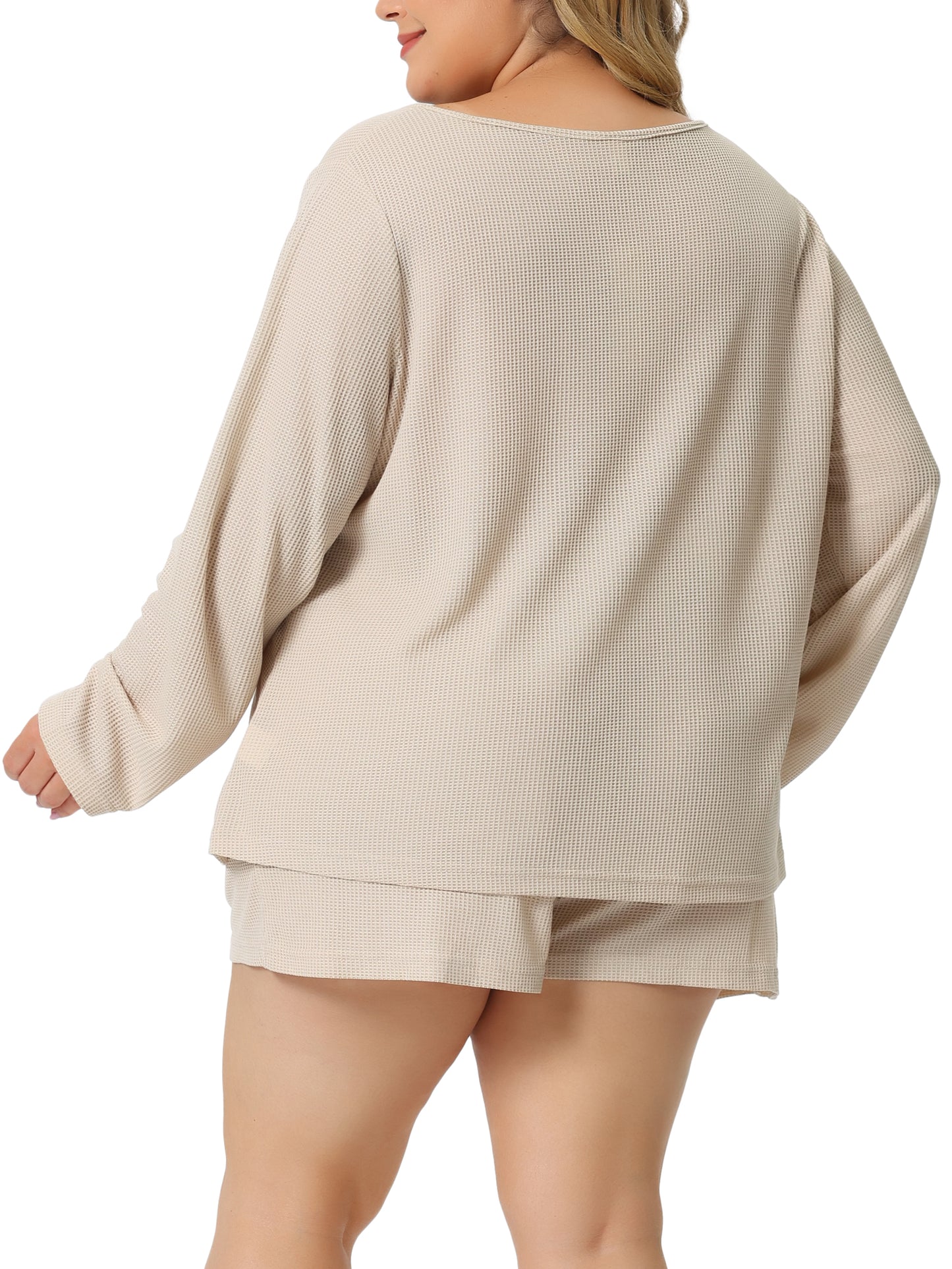 Women Plus Size Loungewear Waffle 2 Piece Long Sleeved Tops and Shorts Pajama Sweatsuits Set