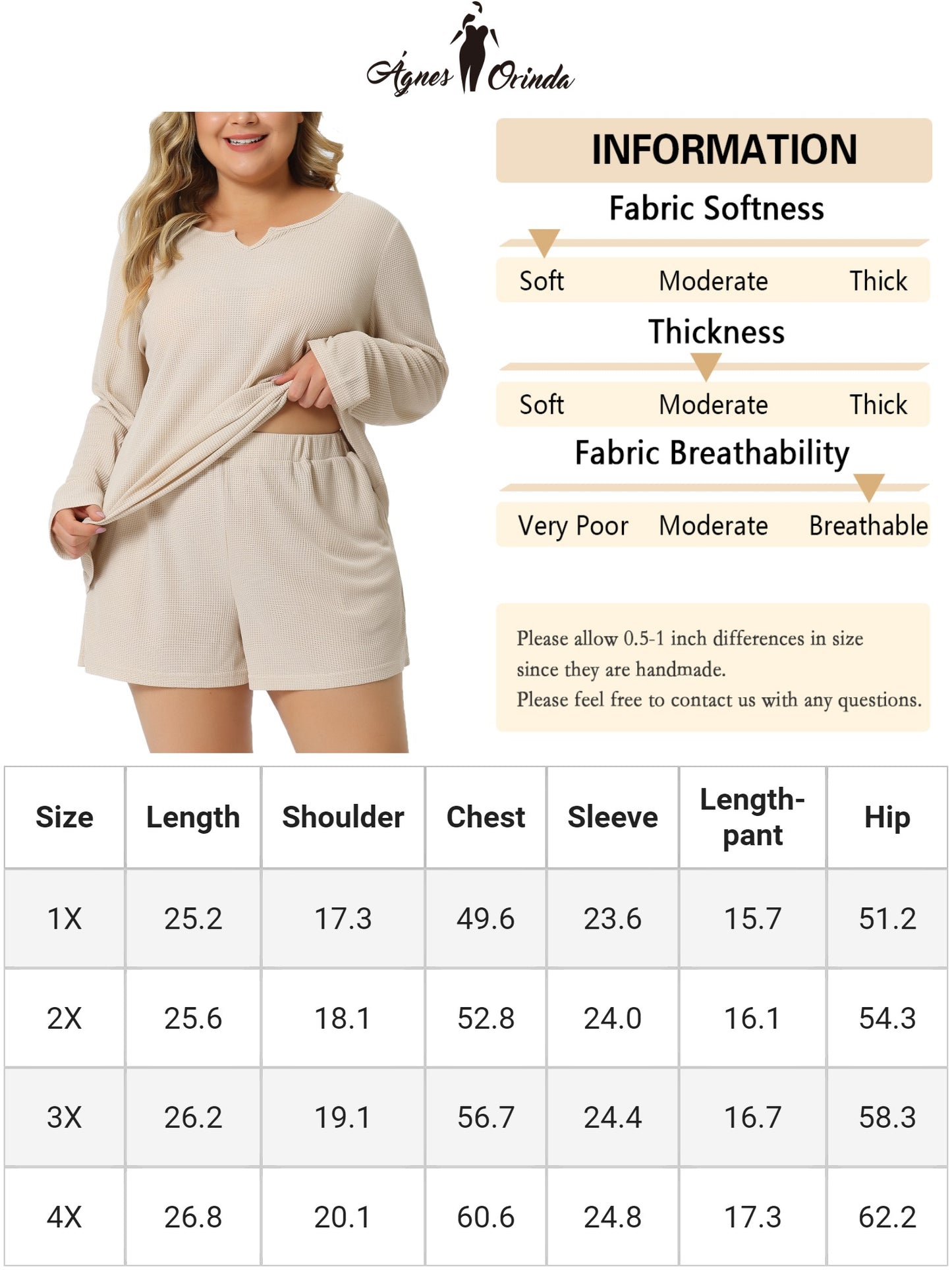 Women Plus Size Loungewear Waffle 2 Piece Long Sleeved Tops and Shorts Pajama Sweatsuits Set